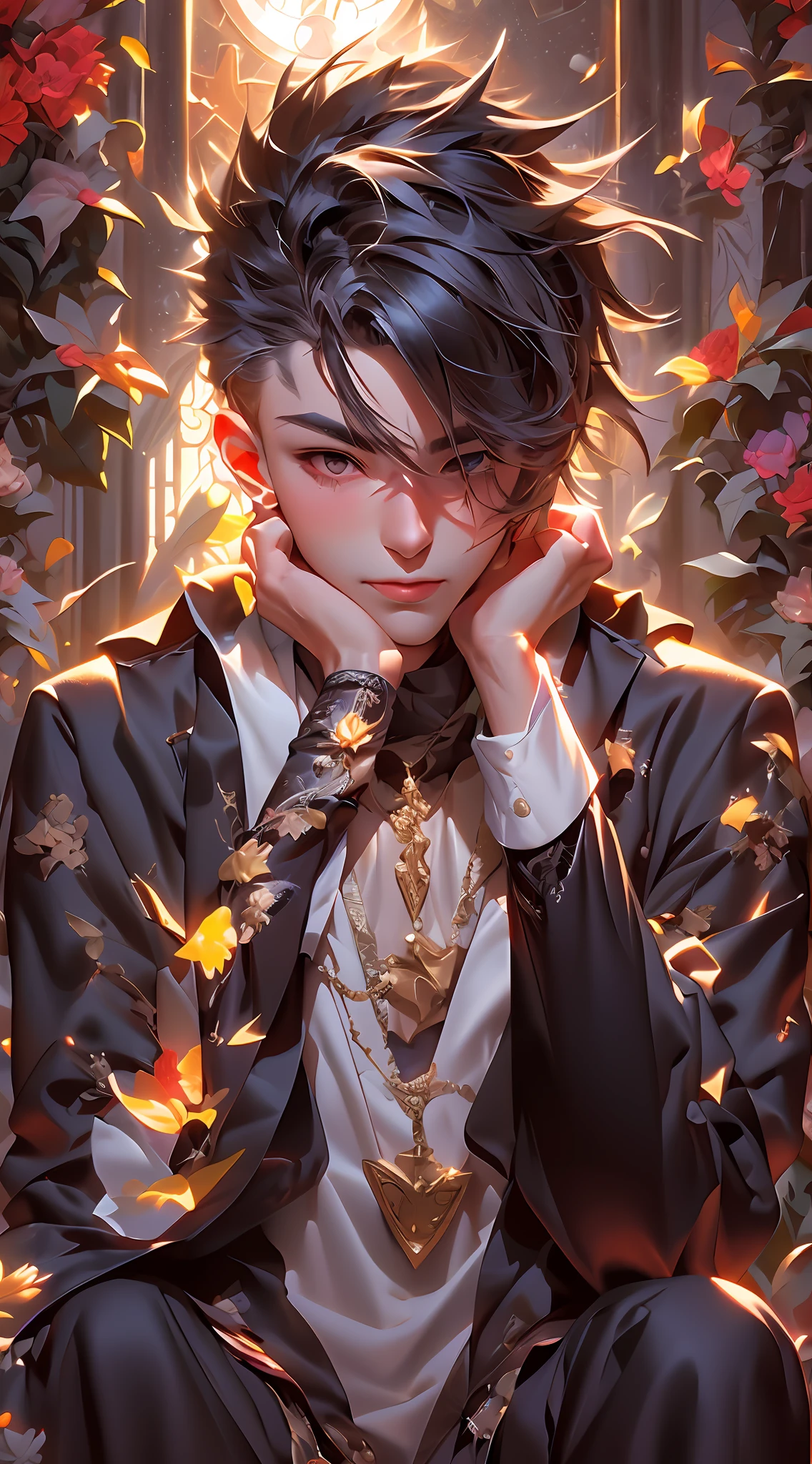 anime boy with tattoos sitting on a bench in front of a stained window, delicate androgynous prince, beautiful androgynous prince, trending on artstation pixiv, anime boy, artwork in the style of guweiz, detailed fanart, high quality portrait, pixiv daily ranking, digital art on pixiv, male anime style, discord pfp, pixiv style,masterpiece, best quality, (extremely detailed CG unity 8k wallpaper), (best quality), (best illustration), (best shadow), absurdres, realistic lighting, (Abyss), beautiful detailed glow