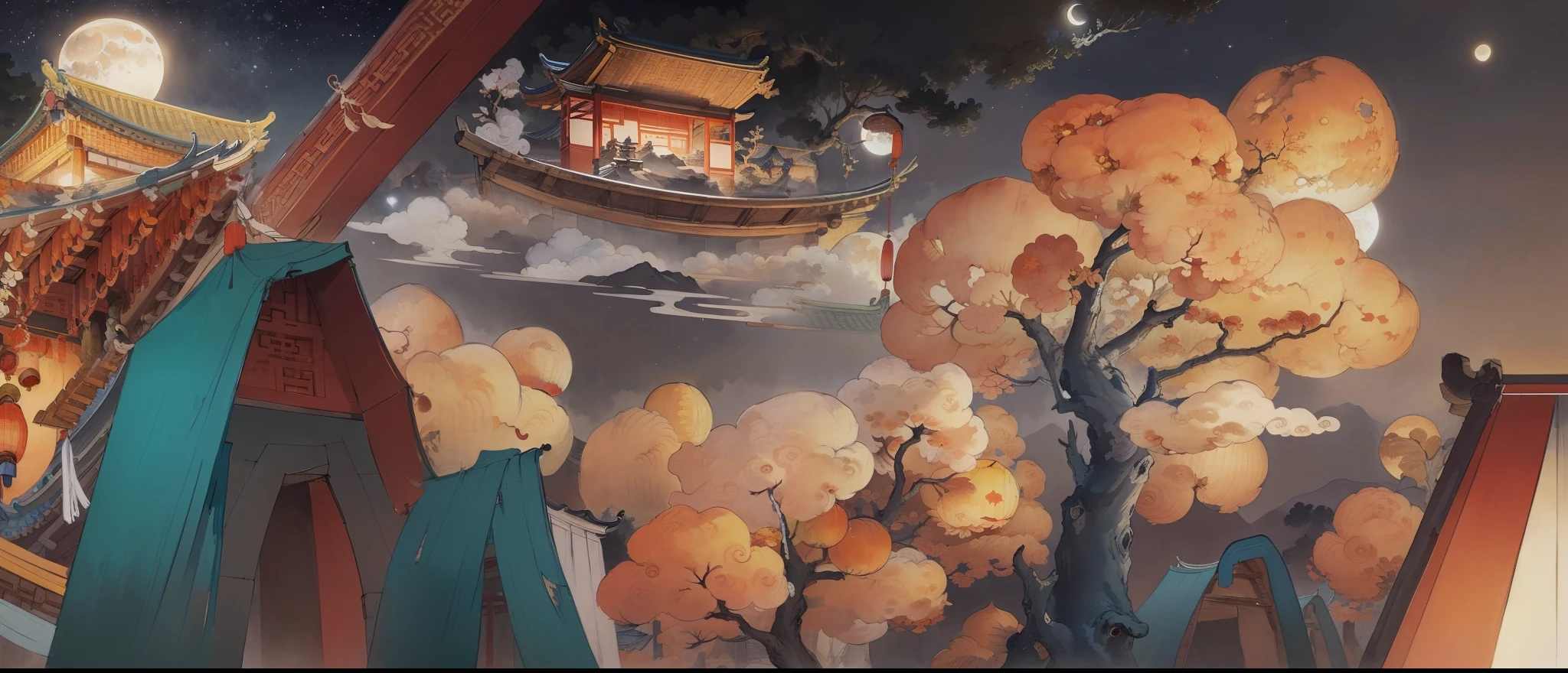 Ancient Chinese landscapes，Ancient buildings，Pavilions，Carved beams and paintings，enchanting scenery，Night，Moon light，Layered, Rich light and shadow,Mid-Autumn Festival, Ink painting style，clean color，Low-saturation colors，Colors of low brightness，Decisive cut，Leave white space，impressionistic，tmasterpiece，ultra - detailed，Epic composition,  HighestQuali，hyper realisitc，Art germ --v 6