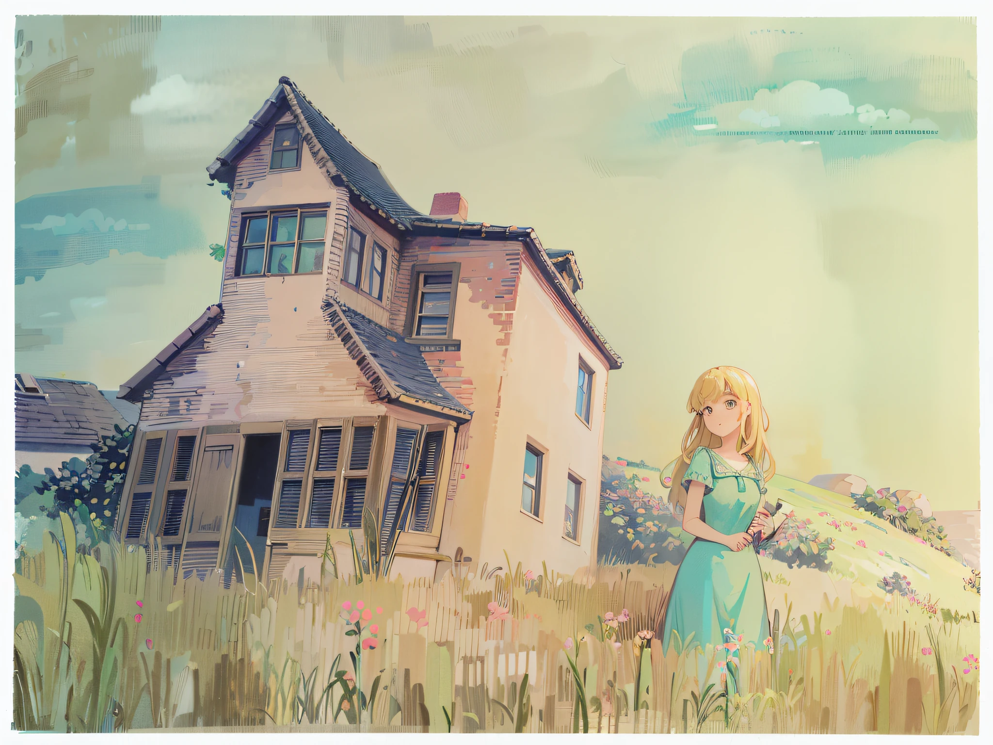 Painting a woman in a blue dress standing in front of a house, anime countryside landscape, gouache matte painting, storybook wide shot :: HD, storybook illustrations, Storybook illustration, Zelda, blurry and dreamy illustration, in an empty field, fundo de casa, colored sketch, storybook illustrations, matte illustration, made with anime painter studio, animated movie still