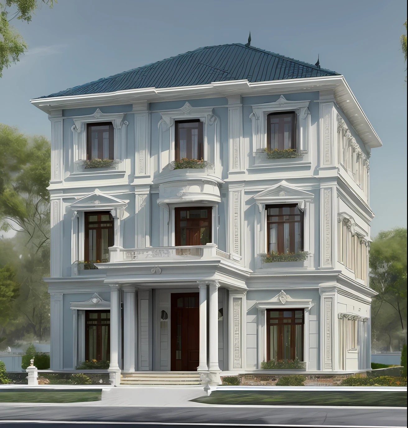 ((masterpiece,best quality,highres,sharp forcus)) (((detail forcus))) , (house in style of neoclassic) Clarify the details of moldings, decorative patterns, and exteriors