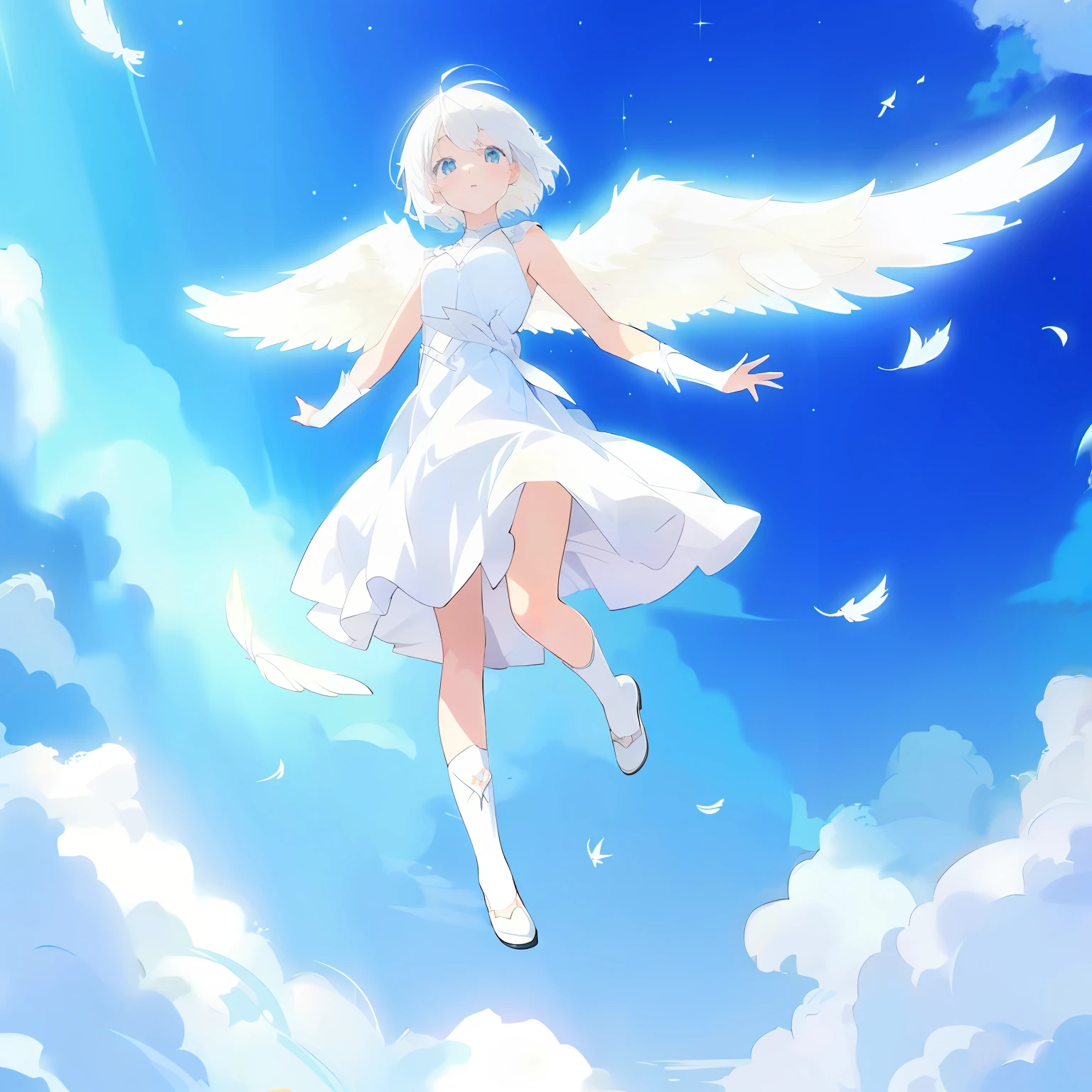 Anime girl flying in the sky with white wings, smil,White feathers flutter,Angel girl in white dress, of an beautiful angel girl, Angelic, angelicales, ethereal anime, Beautiful Angel, angelicales, full - body majestic angel, one white winged, of beautiful angel, angelic purity, (Anime Girl), Beautiful anime, anime style 4 k, winged girl angel, anime wallaper, white haired god