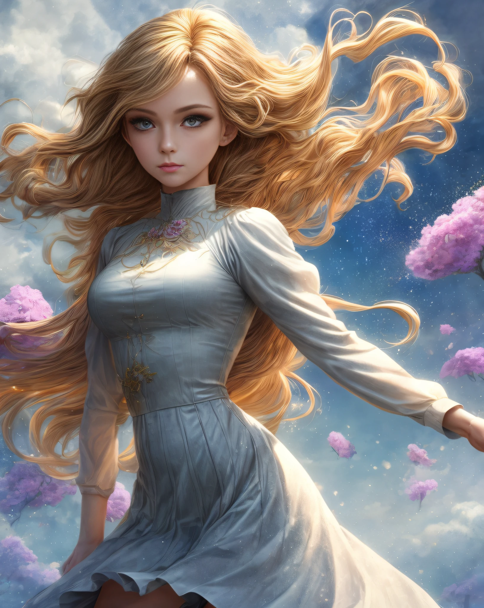 (best quality, masterpiece), young woman, pose, particle, wind, flower, upper body, simple background, looking at viewer, long curly windblown blonde hair, galaxy,backlit,rimlight,beautiful artwork,perfect composition