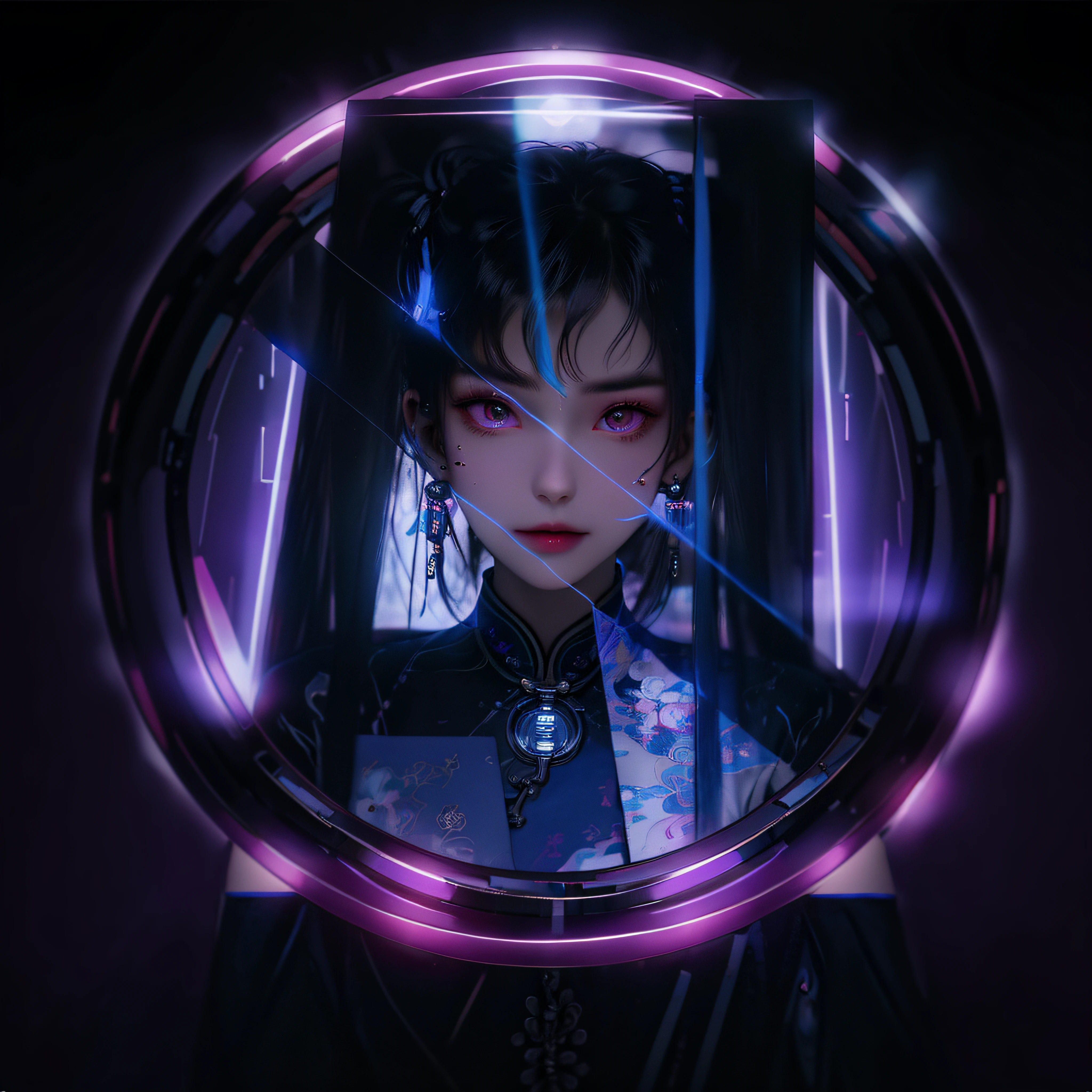 1 rapariga， Chinese_clothes， Liquid purple titanium and black， Cyberhanfu， on cheongsam， Cyberpunk-city， dynamicposes， Details illuminated headphones， luminous hair ornaments， long whitr hair， Luminous earrings，Glowing necklace，cyber punk perssonage， a high-tech city， full of machinery and futuristic element， afofuturism， technologies，luminous neon lights，purpleish color，Purple light，Translucent black tulle，black ribbon，laser，Digital background city sky，large moon，There are vehicles，Best quality at best，tmasterpiece，8K,Character edge light，hyper-high detail，high qulity，The most beautiful woman in man，Slight smile，The face is symmetrical to the left and right facing the front，Ear decoration，beautiful pupil，Light effects，visual data，Dark black hair，Ultra-detailed facial texture，Black gloves in glossy leather，elevation shooting