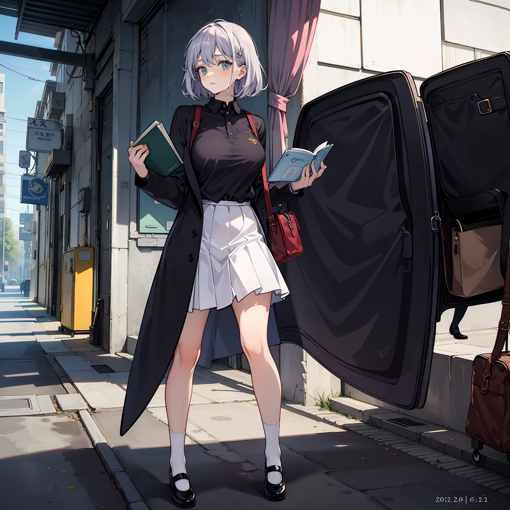 Depiction of an adult woman with long hair holding a textbook, one girl, solo, Letty White Rock, suit, Gohei, black skirt, shoes, black blazer, white polo shirt, black tie, socks, Mary Janes, school Background, Alternate costume, Long sleeves, Rolled sleeves, Mauve hair, Full body, Looking at viewer, Short hair, Big breasts