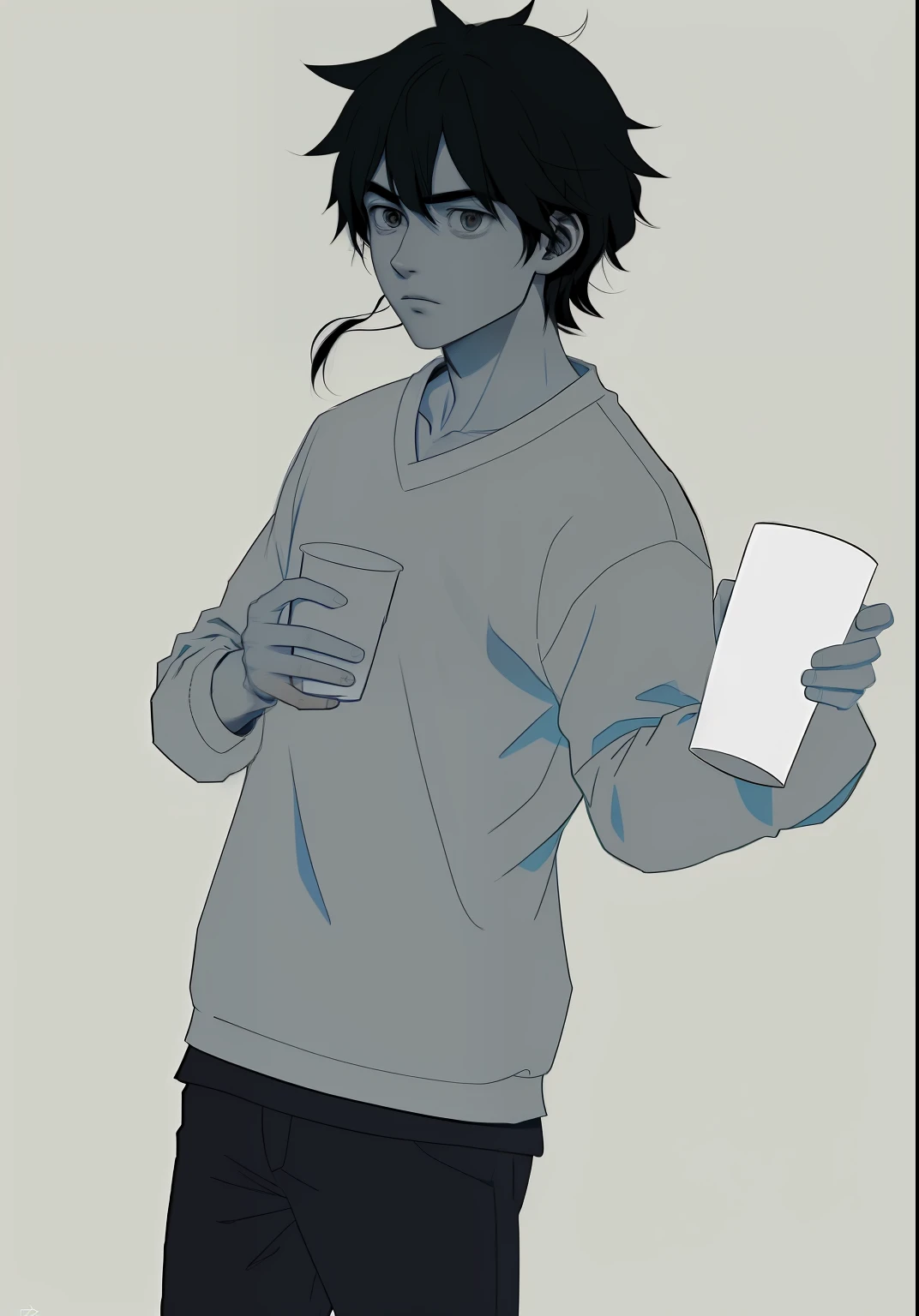 A boy holds a cup and a drawing of a book, holding a drink, clean lineart, Line art!!, perfect lineart, clean anime outlines, manga style of kentaro miura, linear art, drinking a drink, thick lineart, bold lineart, kentaro miura manga style, Simple lines of art, kentaro miura manga art style