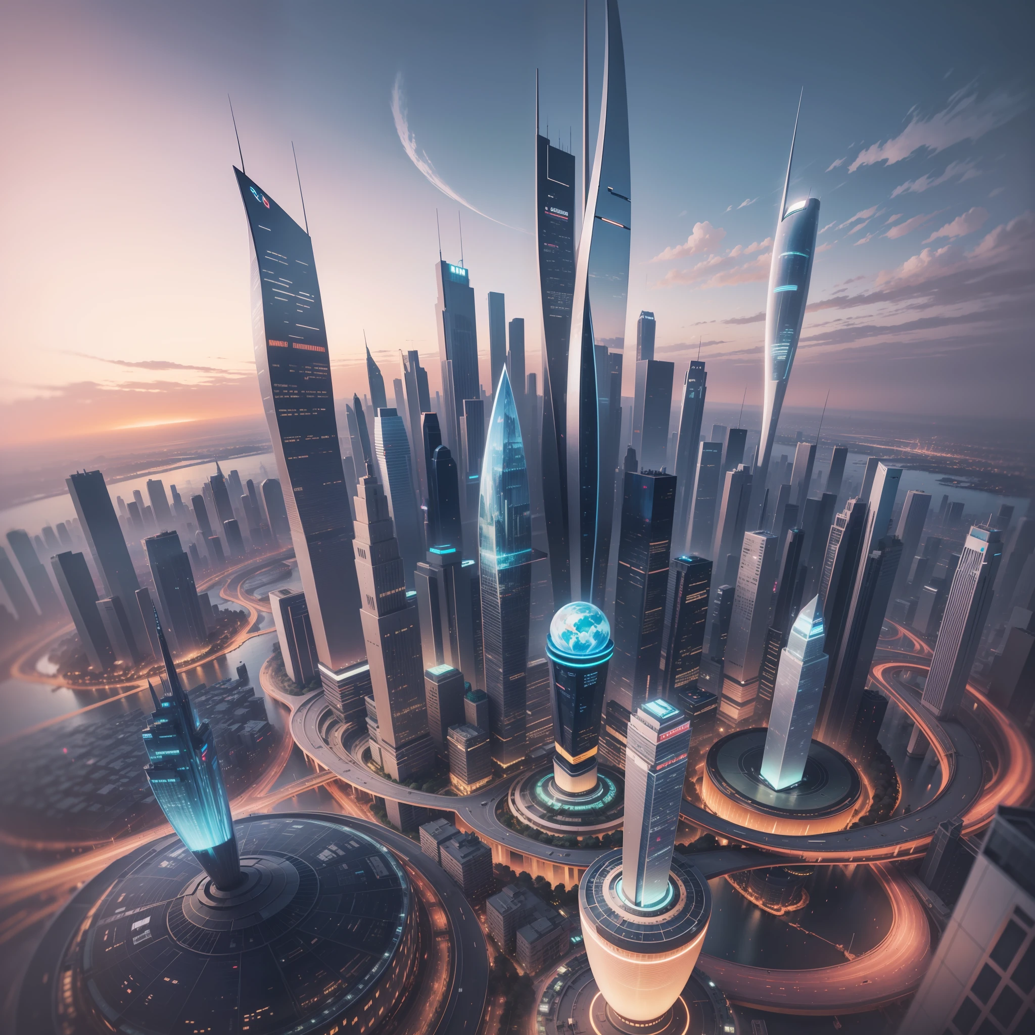 Skyscrapers seen from the ground　cyberpunked　epcot　SF　futuristic cities　 top-quality　​masterpiece　超A high resolution　dream　Megacities　Beautiful Buildings