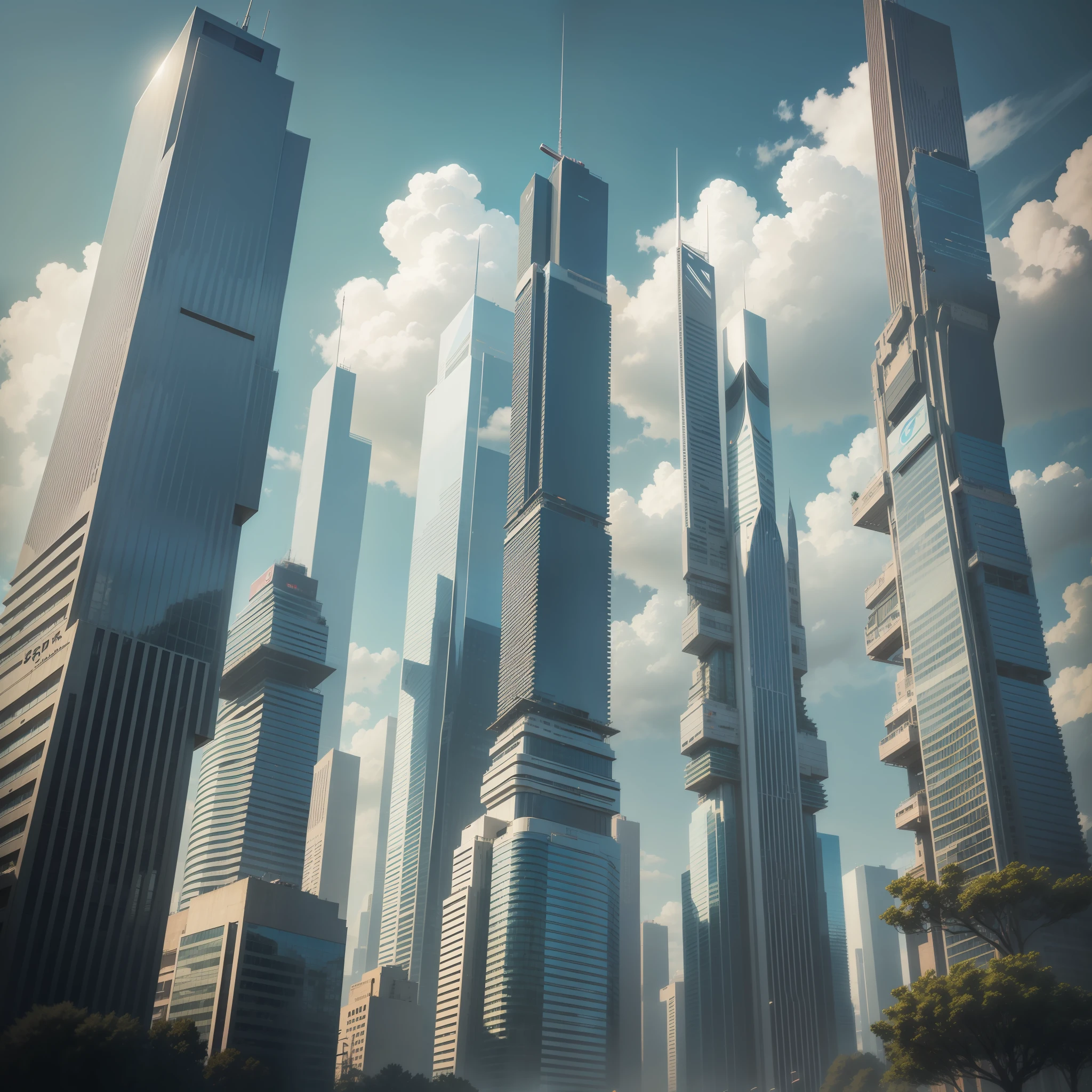 Skyscrapers seen from the ground　cyberpunked　epcot　SF　futuristic cities　 top-quality　​masterpiece　超A high resolution　dream　Megacities　Beautiful world