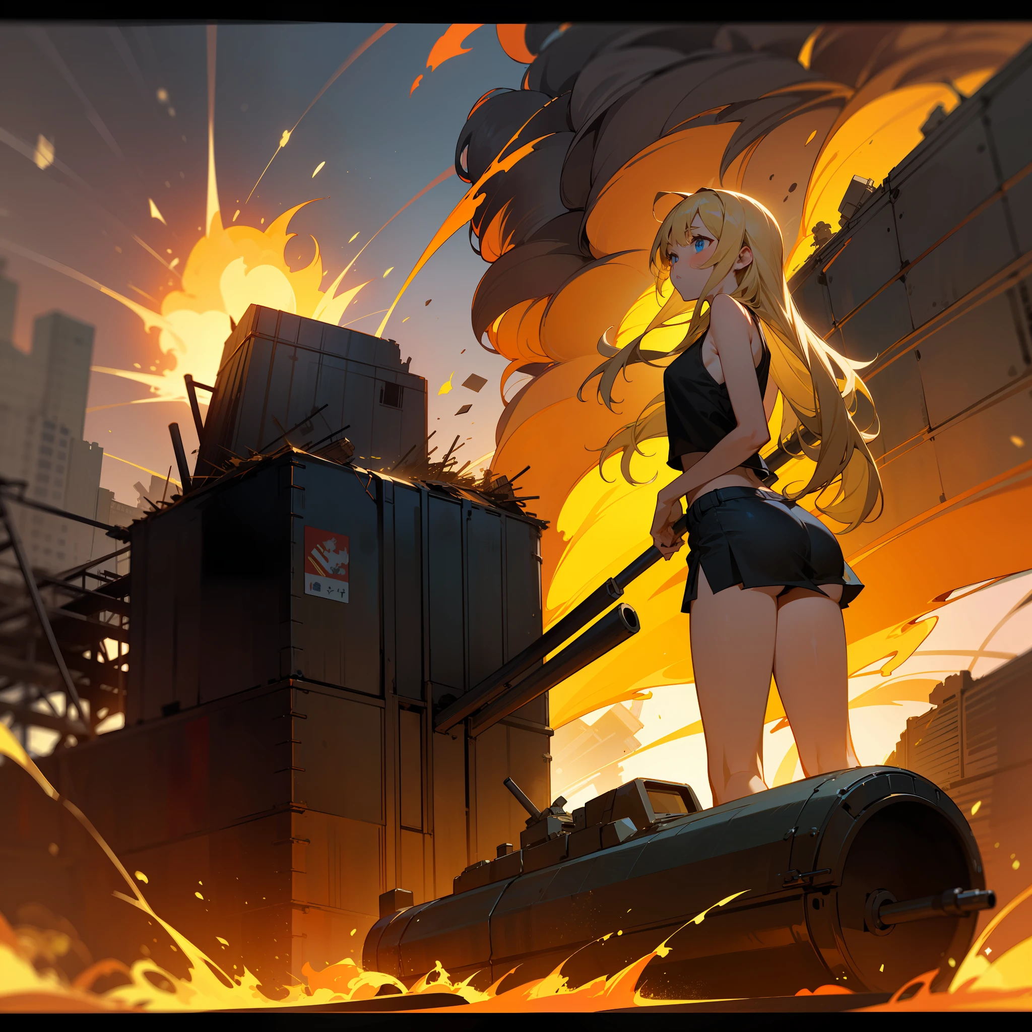 masterpiece, Top image quality, hight resolution, Beautiful blonde girl、1人、Whole human body、Blue eyes、deadpan、Black tank top、jean skirt、semi long hair、is standing、showing butt、Shot a bazooka、by night、Naval port blown up in flames、Building in flames、Ship blasted into flames