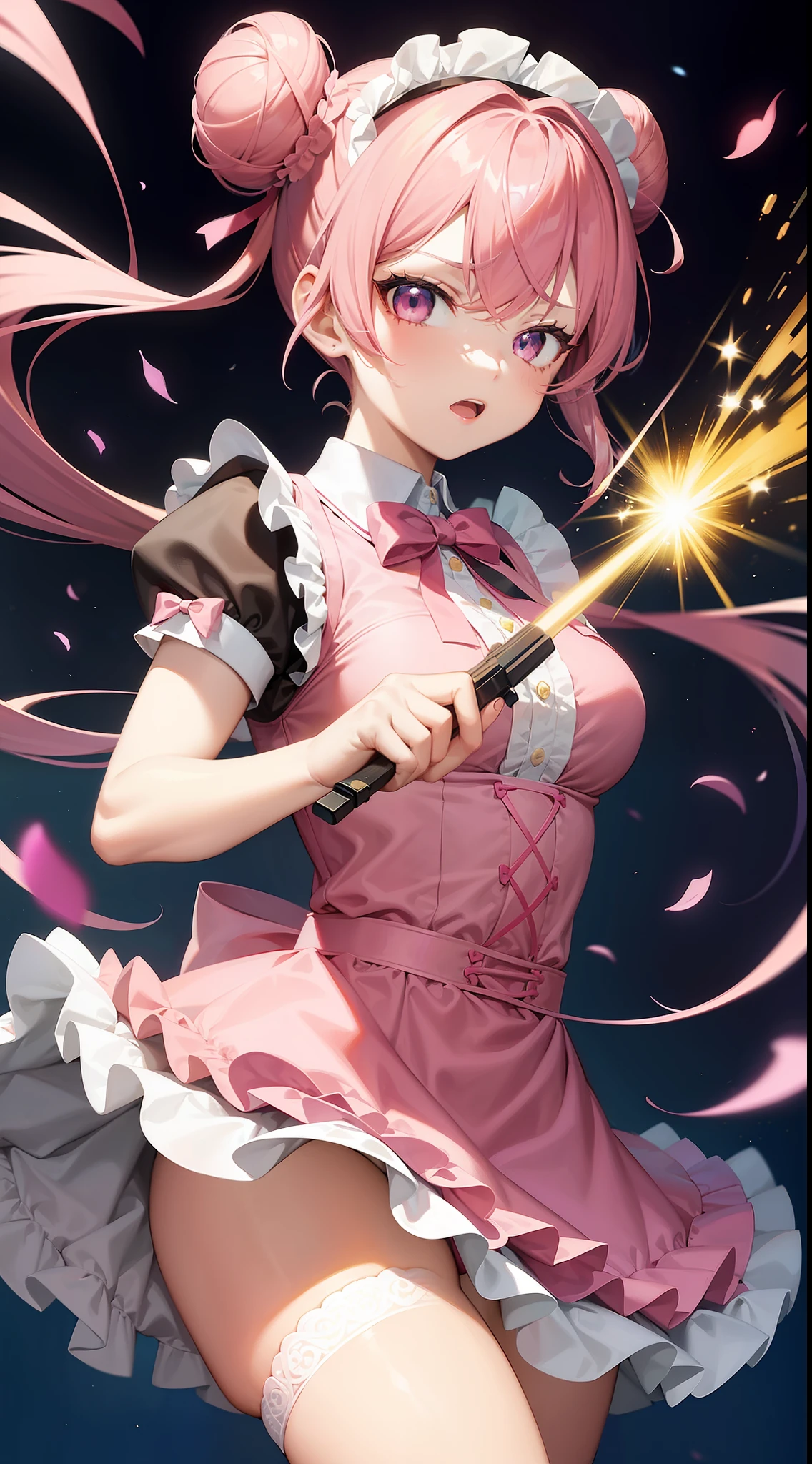 A cute anime girl maid with pink hair styled in double buns, wearing a frilly maid dress and lace headband, wielding duel pistols, leaping into battle with a fierce expression, intricate details, vibrant color