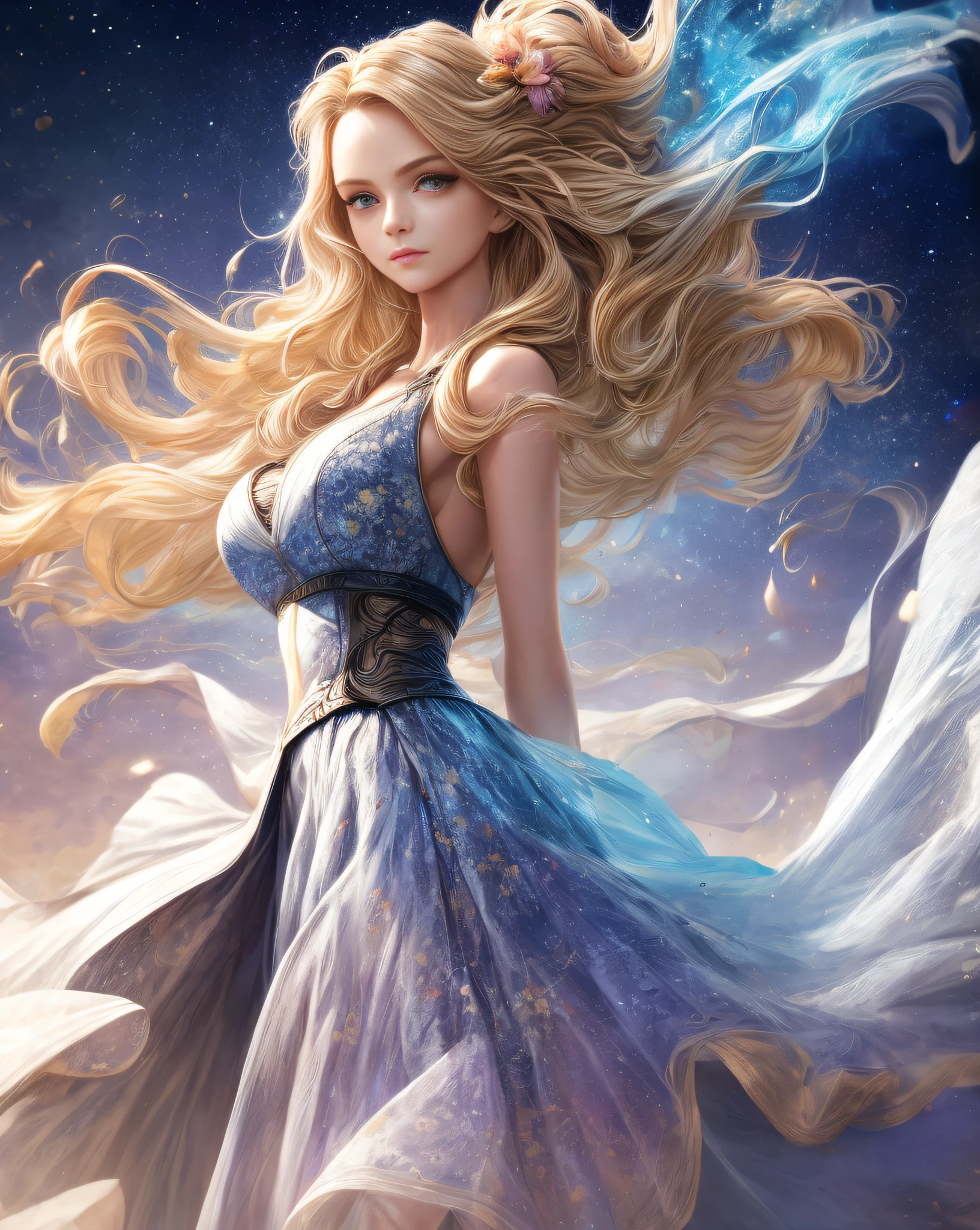 (best quality, masterpiece), young woman, pose, particle, wind, flower, upper body, simple background, looking at viewer, long curly windblown blonde hair, galaxy,backlit,rimlight,beautiful artwork,perfect composition