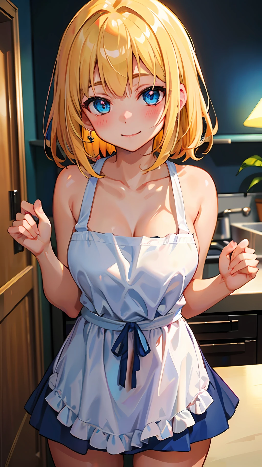 ((masterpiece, best quality;1.3)), ultra detailed, 8k unity wallpapers, CG, ray tracing, illustration, colorful, cinematic shadow, extremely detailed and beautiful background,vhd, shadering VRay,RT, 1girl, light smile, teenage, loli, blush, solo, blue eyes, blush, (blonde hair), (medium hair), large breasts, white glowing skin, highly detailed beautiful face, beautiful face, beautiful eyes, (talented Lo-Fi:1.3), naked, sexy, lewd, jewelry, white apron, no bra, no panties, kitchen, close-up, glowing, glowing light, ultra detailed, scenic, atmospheric