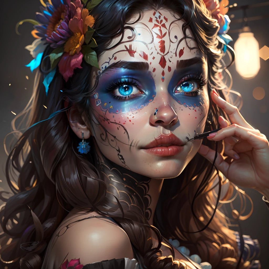 1girl, (makeup by CatrinaMakeUp), (traditional dress), hair flower, blue eyes, long wavy hair, black hair, cute pose, cute, 
(realistic:1.2), (realism), (masterpiece:1.2), (best quality), (ultra detailed), (8k, 4k, intricate),(portrait), ,light particles, lighting, (highly detailed:1.2),(detailed face:1.2), (gradients), sfw, colorful,(detailed eyes:1.2),