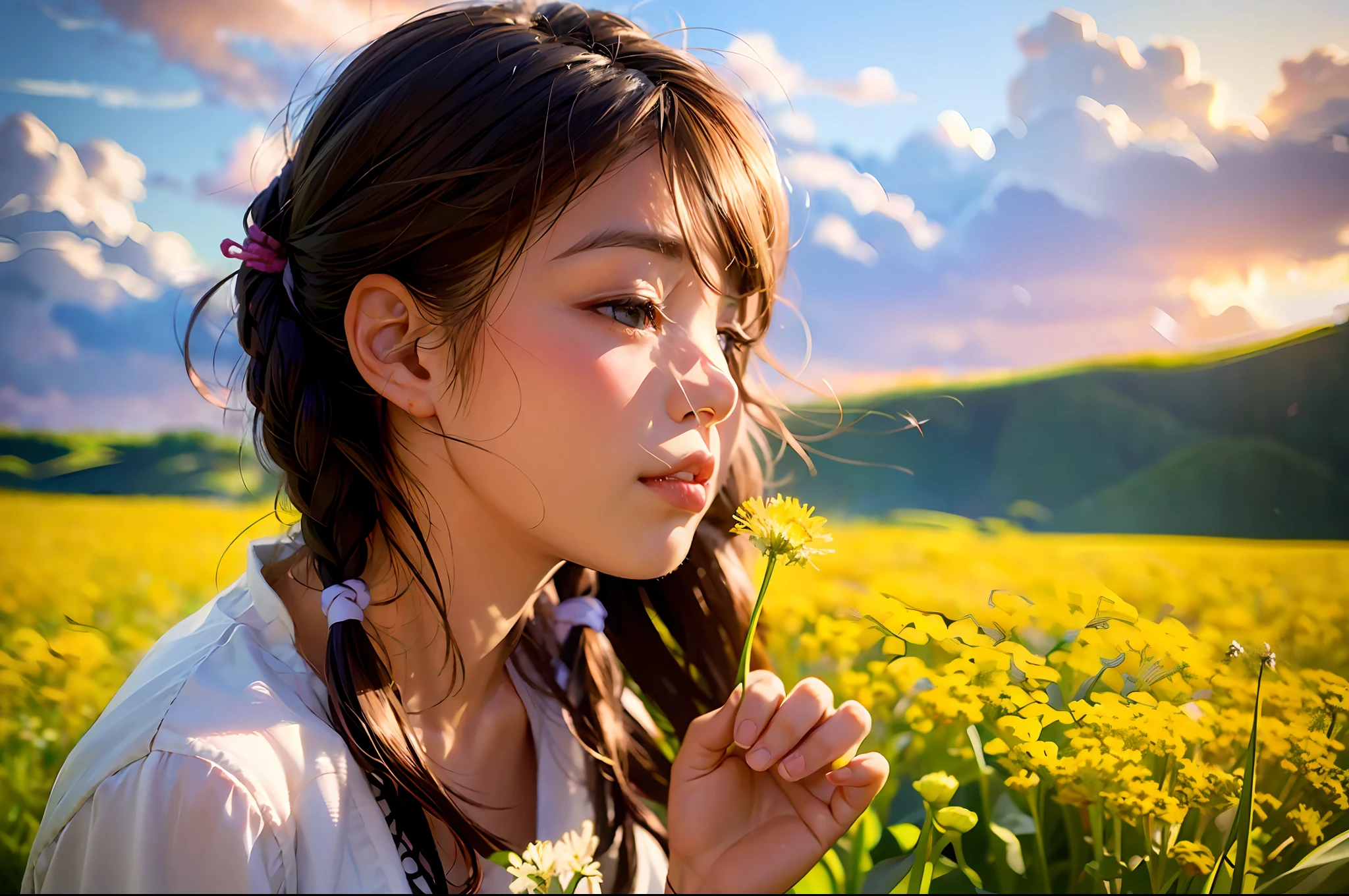 There is a young girl blowing dandelions in the field, Young Asian girl, Beautiful young wind spirit, portrait of girl in flower field, sunny morning light, of a youthful japanese girl, summer morning light, Chinese girl, Girl in a flower field, Blowing hair, girl with a flower head, wind kissed picture, in soft dreamy light at sunset