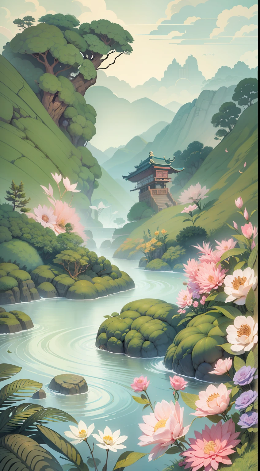 An illustration of a river made up of flowers and rocks, Guochao style，China-style，arte de fundo, Anime background art, Ethereal background, Minimalist illustration, Inspired by e-commerce detail pages, soft digital painting，Chinese painting style