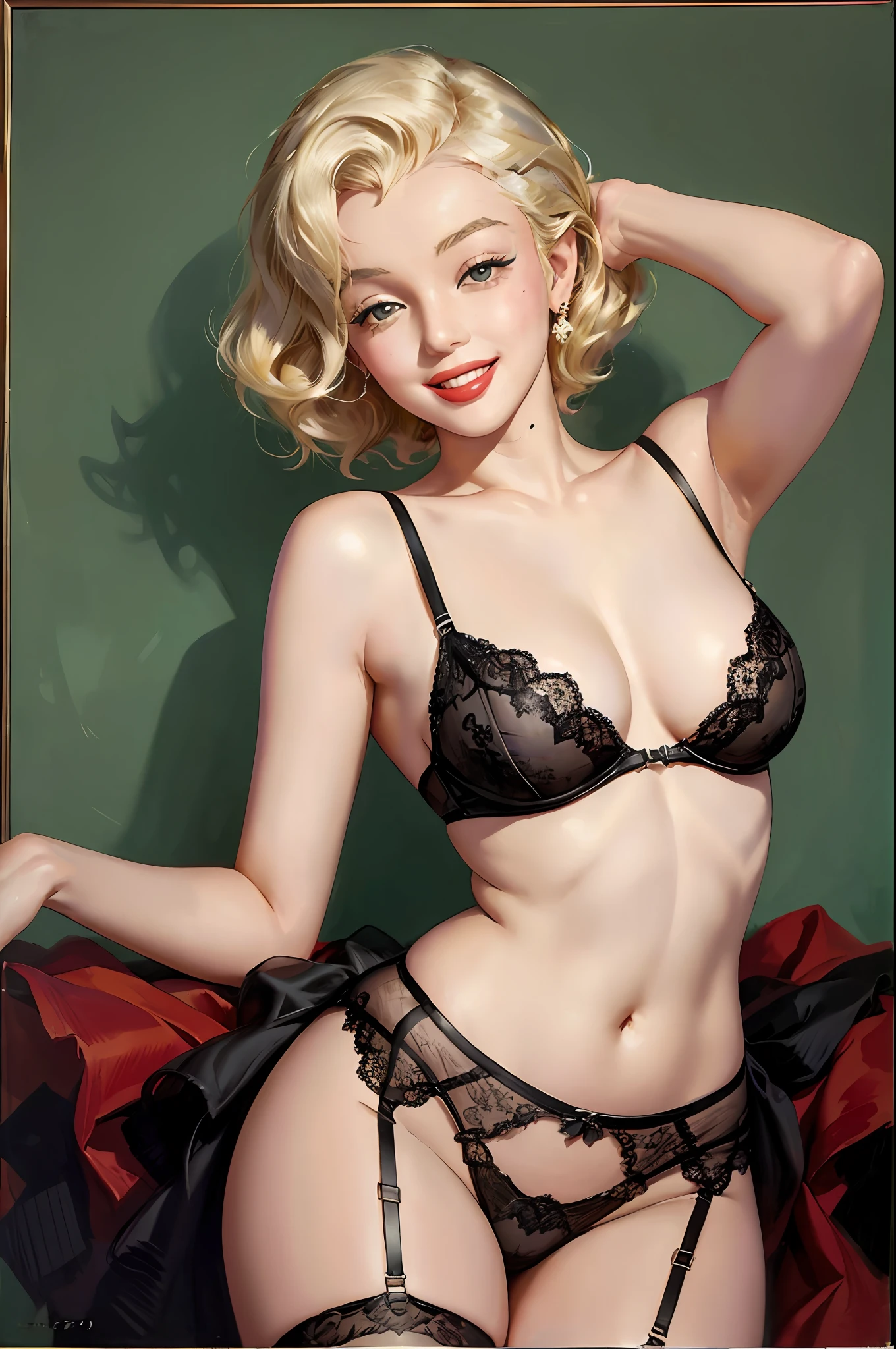 a painting of Marilyn Monroe wearing lingerie, smiling showing teeth, in the art style of gil elvgren, award winning, masterpiece