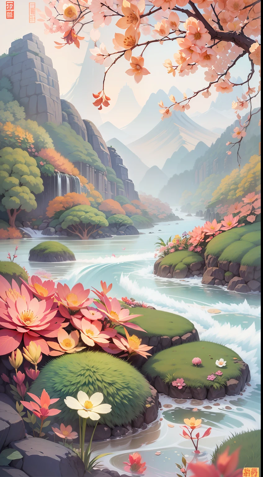 An illustration of a river made up of flowers and rocks, Guochao style，China-style，arte de fundo, Anime background art, Ethereal background, Minimalist illustration, Inspired by e-commerce detail pages, soft digital painting，Chinese painting style