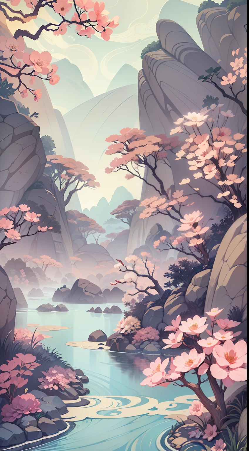 An illustration of a river made up of flowers and rocks, Guochao style，China-style，arte de fundo, Anime background art, Ethereal background, Minimalist illustration, Inspired by e-commerce detail pages, soft digital painting，Chinese painting style