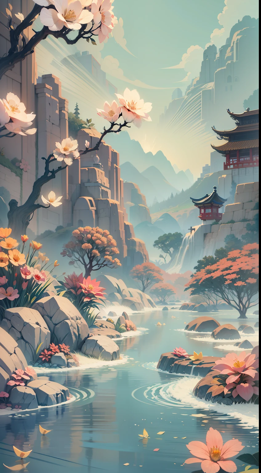 An illustration of a river made up of flowers and rocks, Guochao style，China-style，arte de fundo, Anime background art, Ethereal background, Minimalist illustration, Inspired by e-commerce detail pages, soft digital painting，Chinese painting style