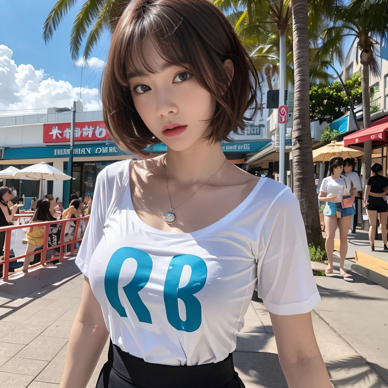 ((Realistic lighting、top-quality、8K、Master masterpiece:1.3))、Clear focus:1.2、a 1 girl、Perfect Body Beauty:1.4、Slim abs:1.1、full body Esbian、((dark brown  hair、large full breasts:1.3))、(Acceleration:1.4)、View of Waikiki Beach、Palm Tree、Slender face、Fine eyes、二重まぶた、Fashion Model Pose、Floating hair、tshirts、Pendants、