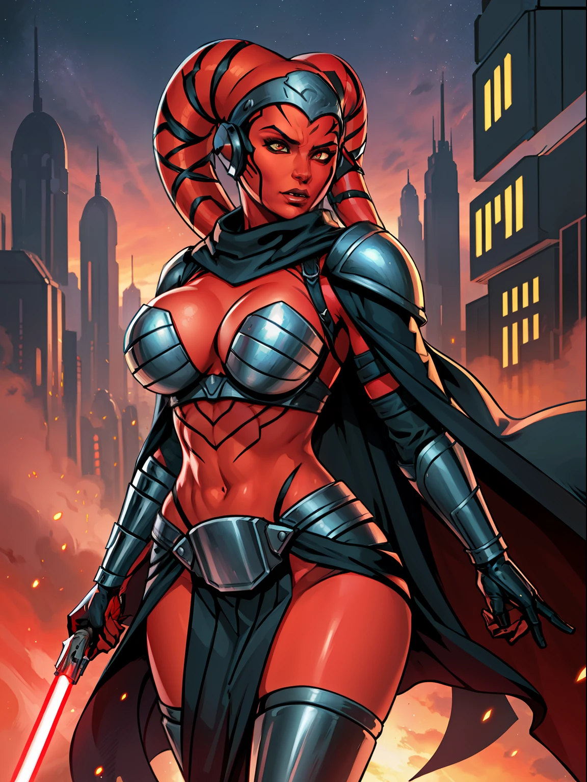 ((red skin), twi'lek), dual red lightsabers, evil space knight, space ninja, (black robes, black stealth armor, breastplate, tunic, tabard, cowl, cloak, body glove, straps, buckles, skirts, long sleeves, fantasy, ((armor))), ((busty), slender body, thin, slim sexy body, slim waist, gigantic breasts), Imperial starship, Star Wars,