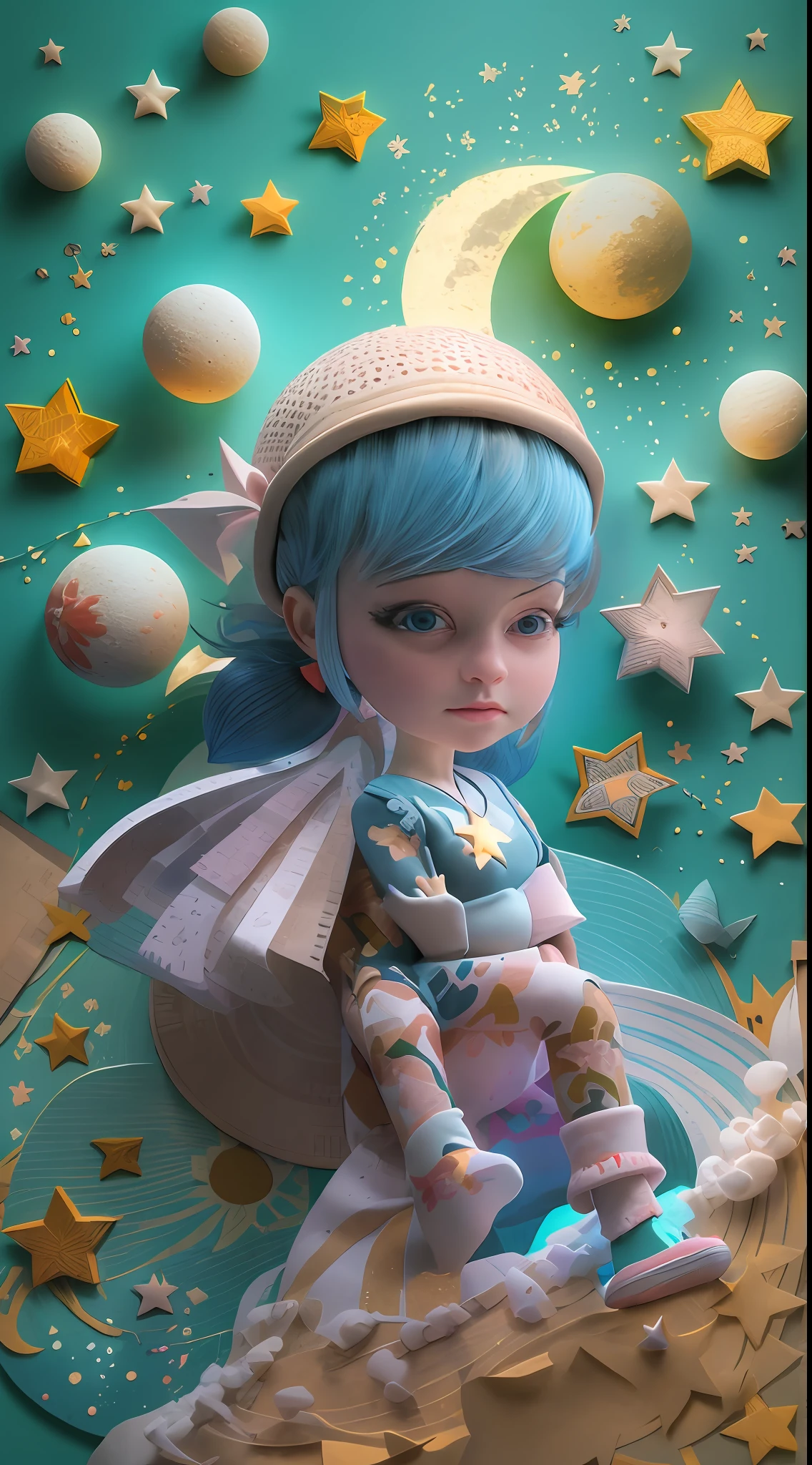 illustration: 1.3), paper art, 3D rendering of, Colorful background, （cute female : 1.3), (Masterpiece star: 1.2) (Masterpiece Moon: 1.2), Colorful, Best quality, Detailed details, Masterpiece, offcial art, movie light effect, 4K, Chiaroscuro , Flash