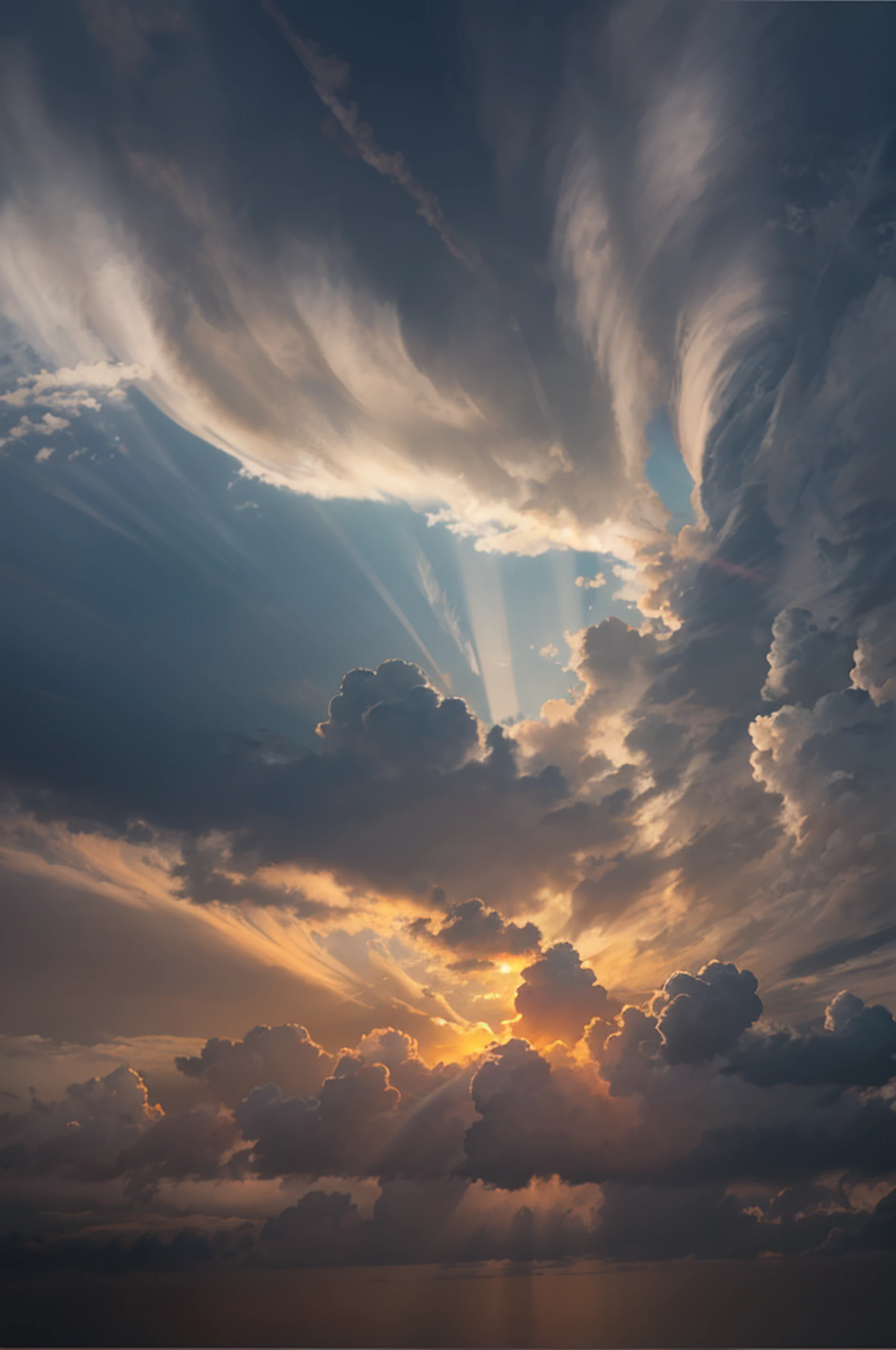 majesic cloud sky with lightray come throught cloud, sun from behind on the left corner, cloud is surround, cumulonimbus cloud, dawn sky, olympus greek like --auto