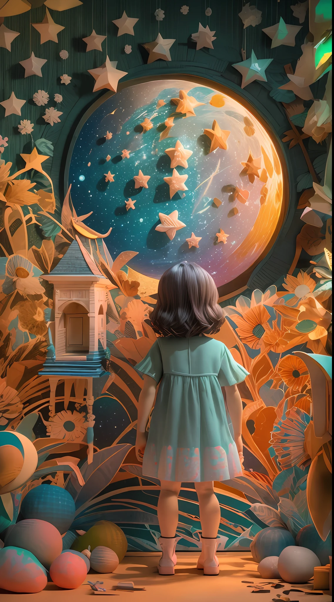 illustration: 1.3), paper art, 3D rendering of, Colorful background, （cute female child: 1.3), (Masterpiece star: 1.2) (Masterpiece Moon: 1.2), Colorful, Best quality, Detailed details, Masterpiece, offcial art, movie light effect, 4K, Chiaroscuro , Flash