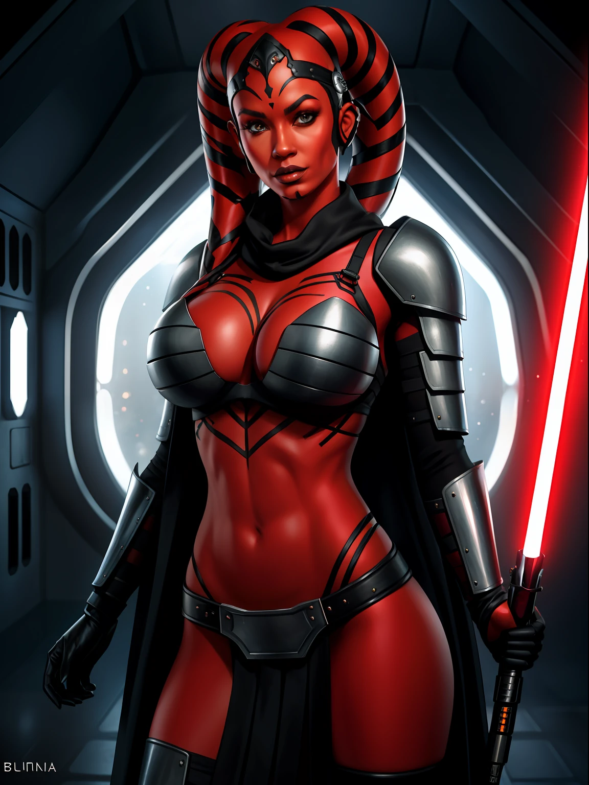 ((red skin), twi'lek), dual red lightsabers, evil space knight, space ninja, (wearing heavy black robes, black stealth armor, breastplate, tunic, tabard, cowl, cloak, body glove, straps, buckles, skirts, long sleeves, fantasy, ((armor))), ((busty), slender body, thin, slim sexy body, slim waist, gigantic breasts), Imperial starship, Star Wars,