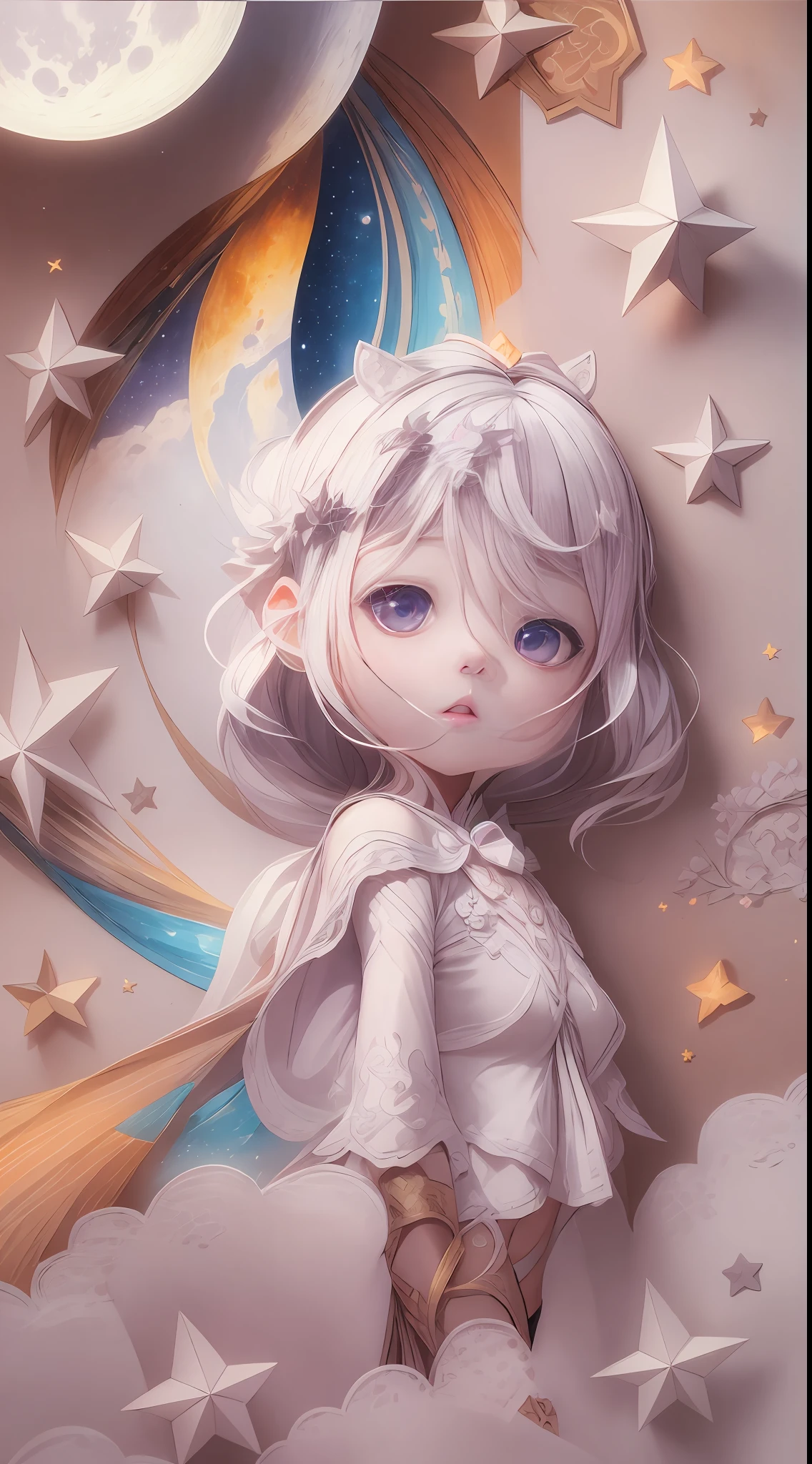 illustration: 1.3), paper art, 3D rendering of, Colorful background, (cute female child: 1.3), (Masterpiece star: 1.2) (Masterpiece Moon: 1.2), Colorful, Best quality, Detailed details, Masterpiece, offcial art, movie light effect, 4K, Chiaroscuro , Flash
