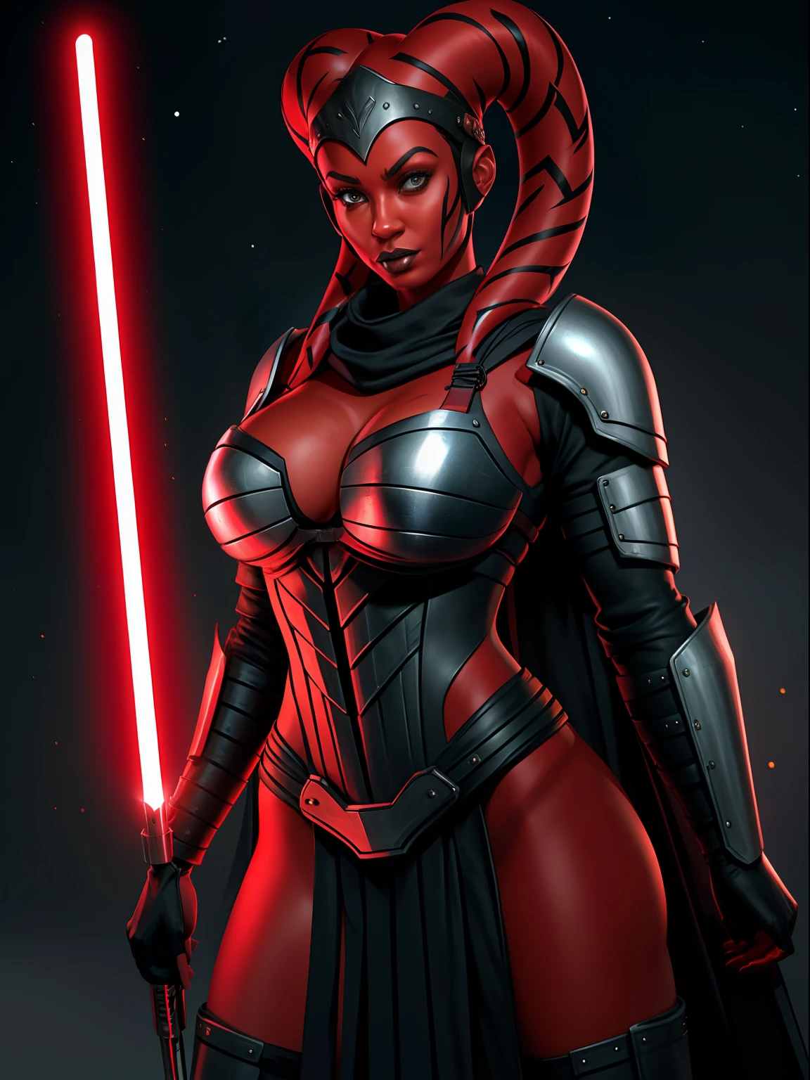 ((red skin), twi'lek), dual red lightsabers, evil space knight, space ninja, (wearing heavy black robes, black stealth armor, breastplate, tunic, tabard, cowl, cloak, body glove, straps, buckles, skirts, long sleeves, fantasy, ((armor))), ((busty), slender body, thin, slim sexy body, slim waist, gigantic breasts), Imperial starship, Star Wars,