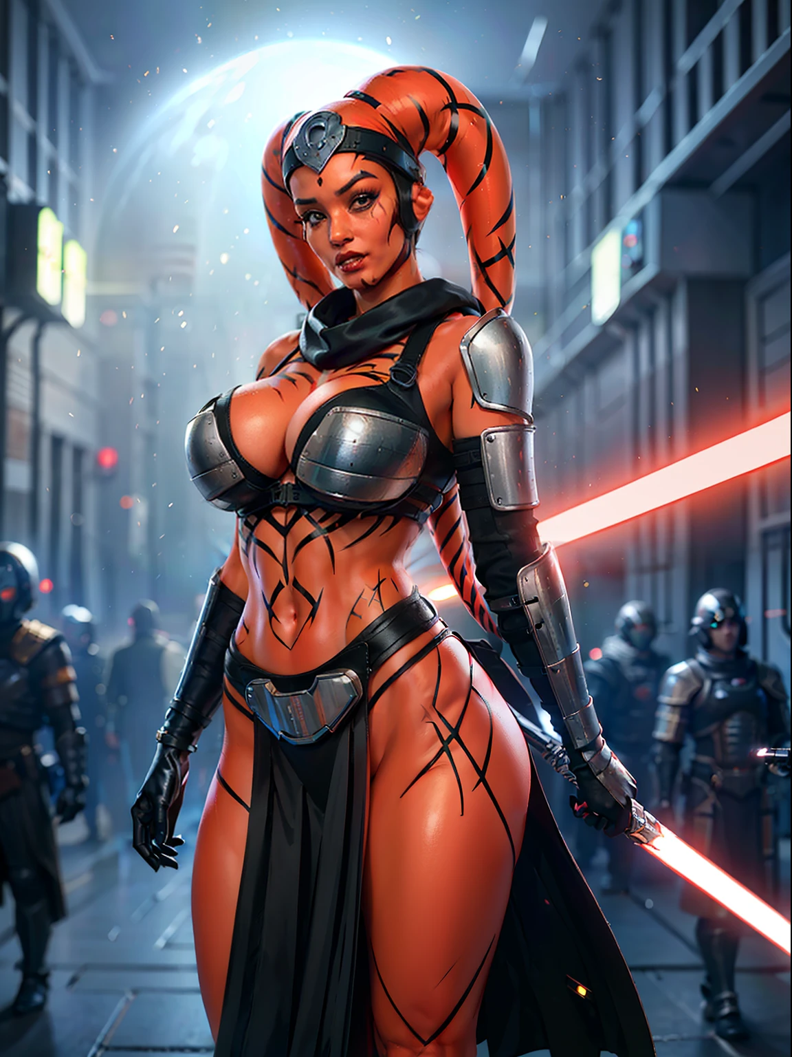 (((red skin)), twi'lek), dual red lightsabers, evil space knight, space ninja, (wearing heavy black robes, black stealth armor, breastplate, tunic, tabard, cowl, cloak, body glove, straps, buckles, skirts, long sleeves, fantasy, ((armor))), ((busty), slender body, thin, slim sexy body, slim waist, huge breasts), Imperial starship, Star Wars,