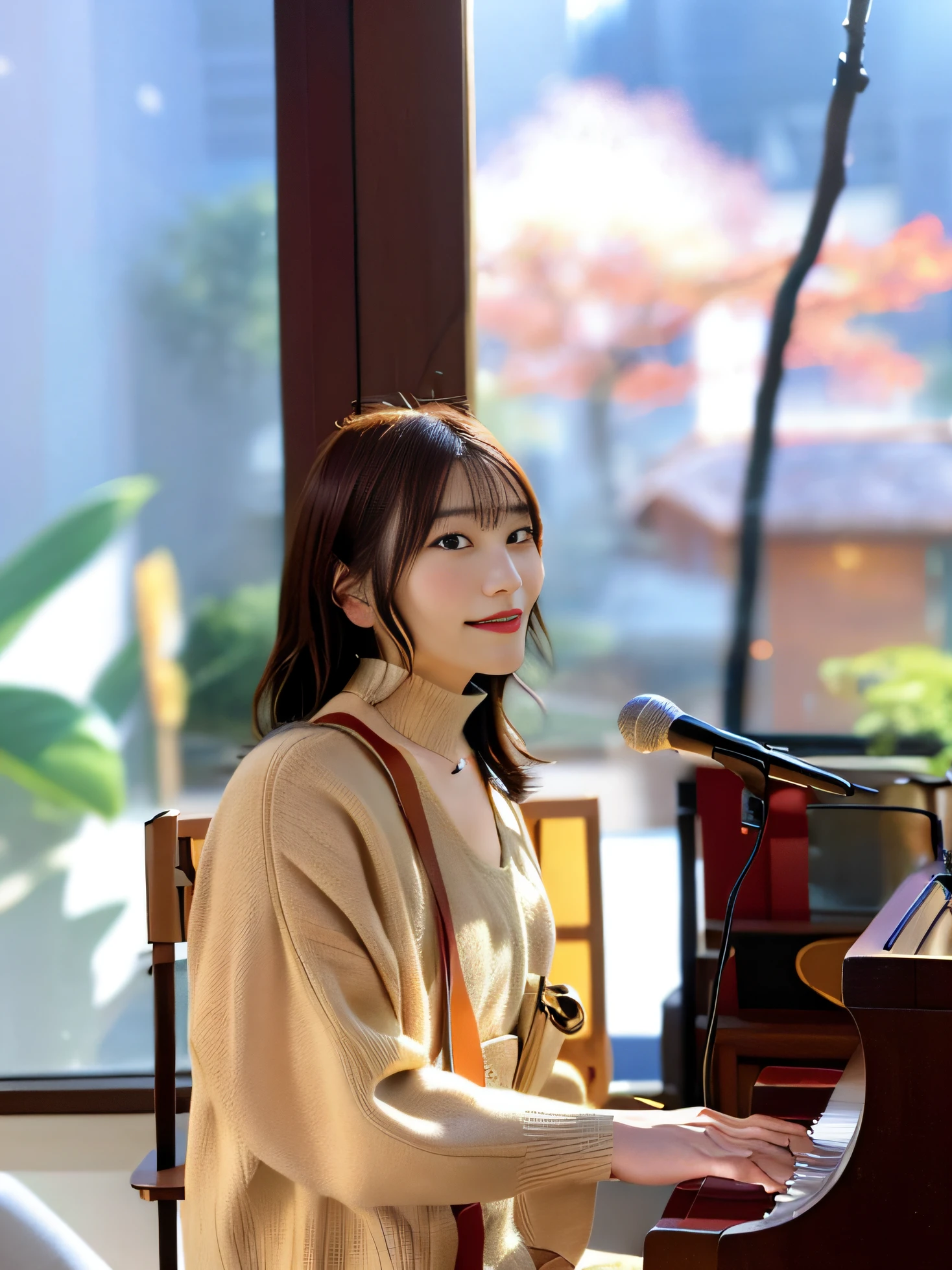(top-quality、8K、32K、​masterpiece、nffsw:1.2)、Photo of a cute Japanese woman、large full breasts、very short bobbed hair、The upper part of the body、sface focus、Oversized_Sweaters、a necklace、Live House Background、From  above、looking at the viewers、Woman playing piano in front of microphone and microphone stand, chiho, taken in the early 2020s, keyboardist
