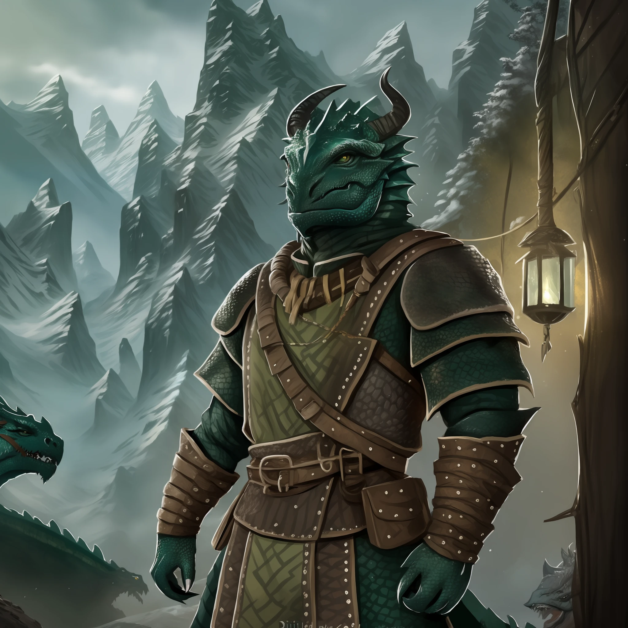 (one dark green grey adventuring dragonborn:1.5), ((deep shadows)), (((stoic expression))), (epic:1.5), (wearing ragged Mongolian scout vestments and adventuring equipment:1.5), exploring wintery Mongolian steppe, (good anatomy:1.0), masterpiece, perfect lighting, 8k, (professional illustration:1.2), (ultra detailed:1.0), (art by illustrator, Tony DiTerlizzi:1.5), radiant lighting, high contrast