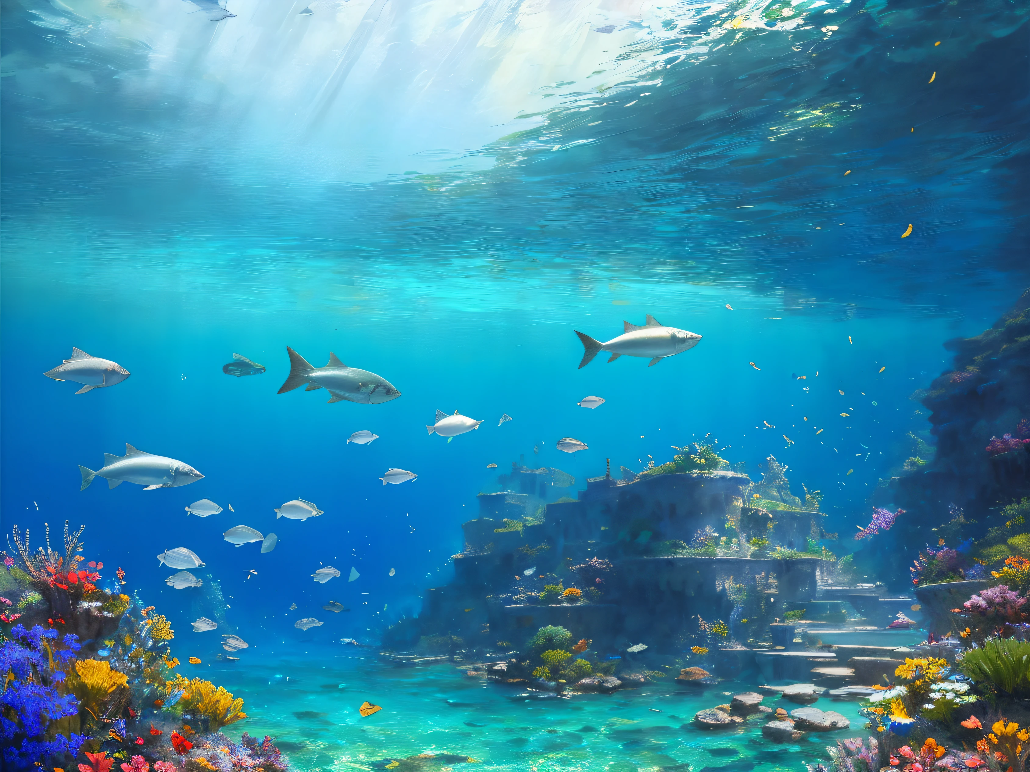 by Pino Daeni, author:ruanjia, author:Alayna Lemmer, author:Carlo Galli Bibiena,
Ocean,Sea,Fish,coral,water,aquatic,Blue background,
vectorial art, Kurzgesagt, Sharp focus, (hdr), (8K), (gigapixel), ((Masterpiece))