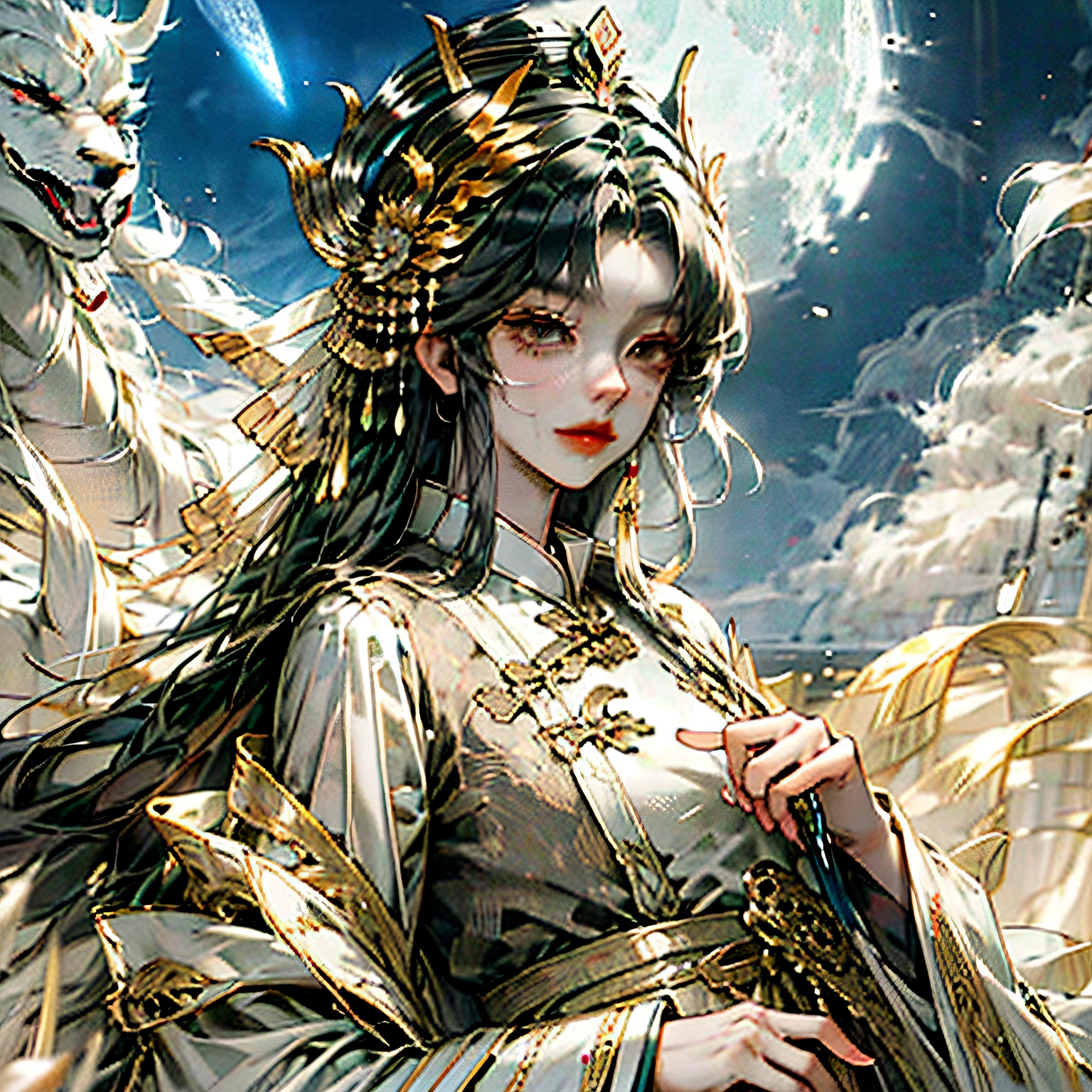 Masterpiece, Best quality, Night, full moon, 1 man, Mature man, Ancient China, Chinese palaces, eagle, Black hair, Black eyes, Split ends of hair, Long hair, Long bangs, Handsome, Diao noodles, chinese crown, Handsome, Masculine, Serious, gentle, Tall, calm, Black and gold alternating costumes, Gold pattern, Dragon pattern, prince, Sword pairing, Side, Facial details, The face is delicate