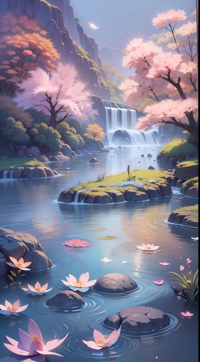 Paint a picture of a river with flowers and rocks, China-style，National tide，background artwork, arte de fundo, Anime background art, Ethereal background, serene illustration, dreamlike digital painting, A beautiful artwork illustration, anime beautiful peace scene, Magical background, serene post-nuclear background, beautiful digital painting, anime backgrounds, inspired by Tosa Mitsuoki, Sparkling river underwater, soft digital painting