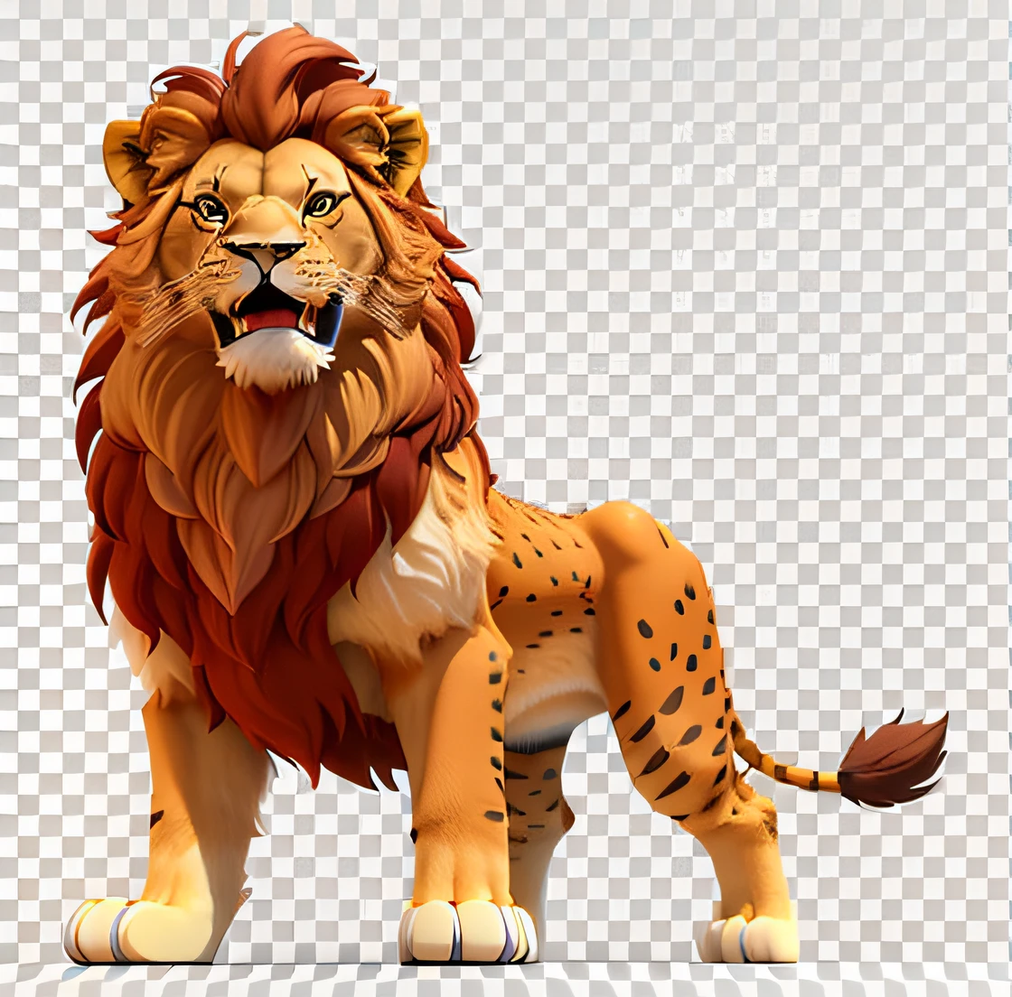 This is a lion with an open mouth and a roar,Extremely cute,Detailed rendering with 3D rendering techniques,Stylized representation of digital art。Render cute 3D anime lions, SpongeBob style,are rendered in stylized 3D renderings。with black background