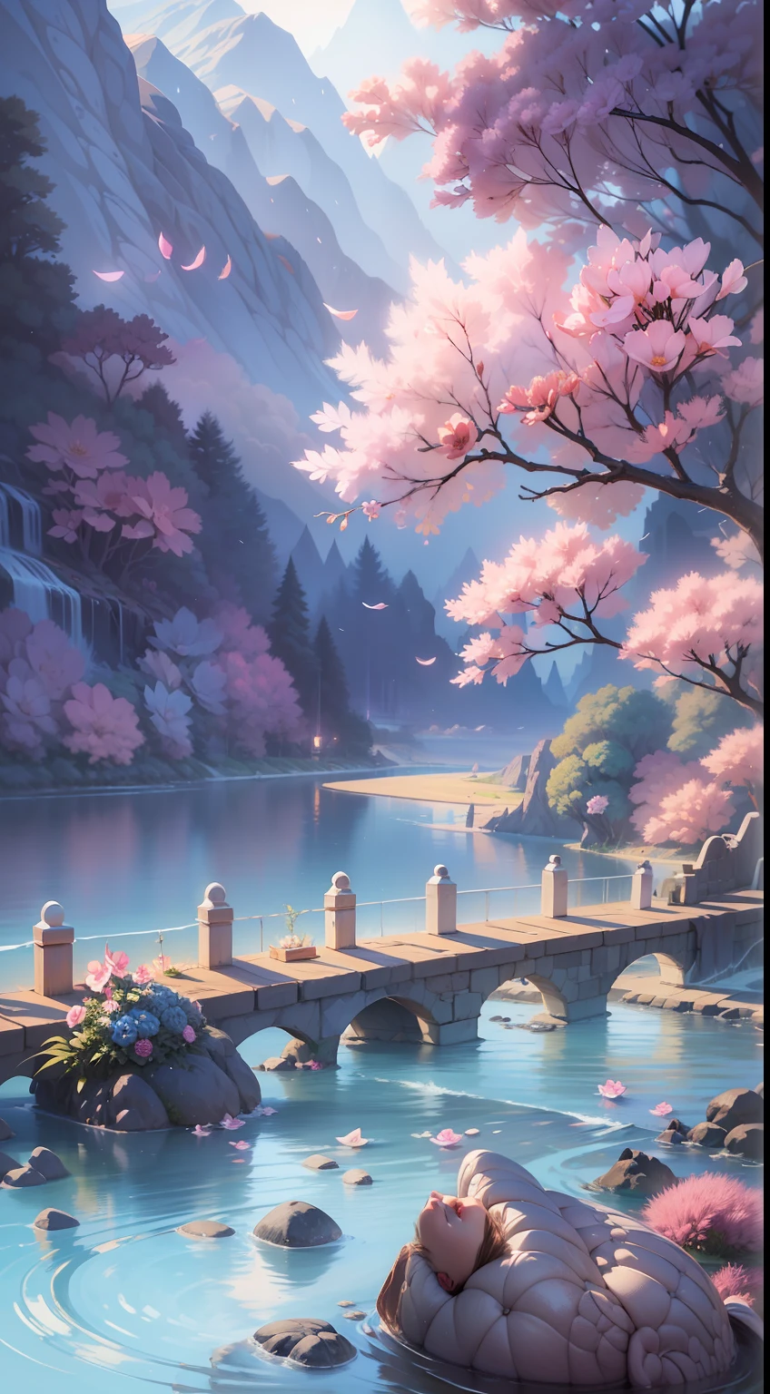 Paint a picture of a river with flowers and rocks, China-style，National tide，background artwork, arte de fundo, Anime background art, Ethereal background, serene illustration, dreamlike digital painting, A beautiful artwork illustration, anime beautiful peace scene, Magical background, serene post-nuclear background, beautiful digital painting, anime backgrounds, inspired by Tosa Mitsuoki, Sparkling river underwater, soft digital painting