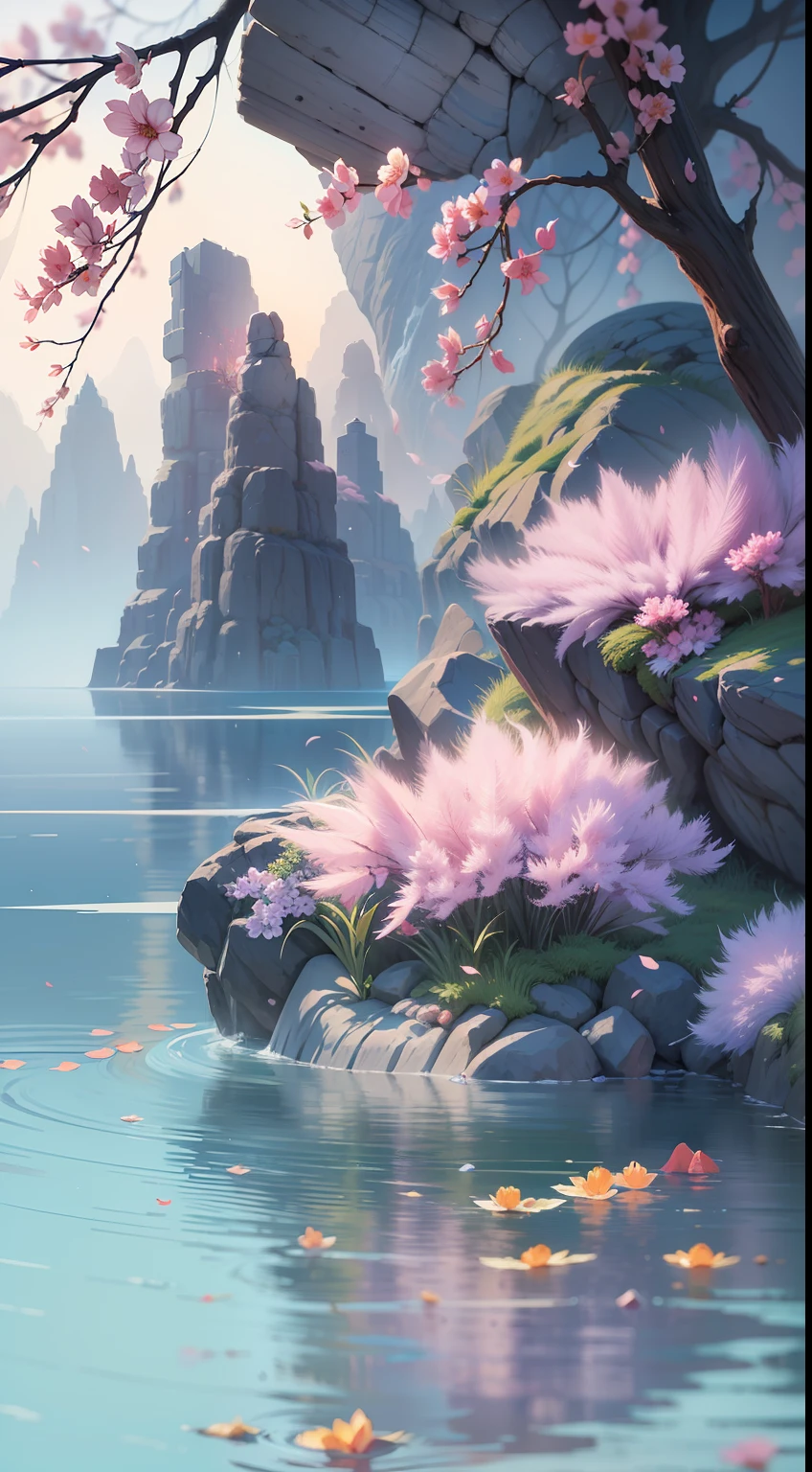 Paint a picture of a river with flowers and rocks, China-style，National tide，background artwork, arte de fundo, Anime background art, Ethereal background, serene illustration, dreamlike digital painting, A beautiful artwork illustration, anime beautiful peace scene, Magical background, serene post-nuclear background, beautiful digital painting, anime backgrounds, inspired by Tosa Mitsuoki, Sparkling river underwater, soft digital painting