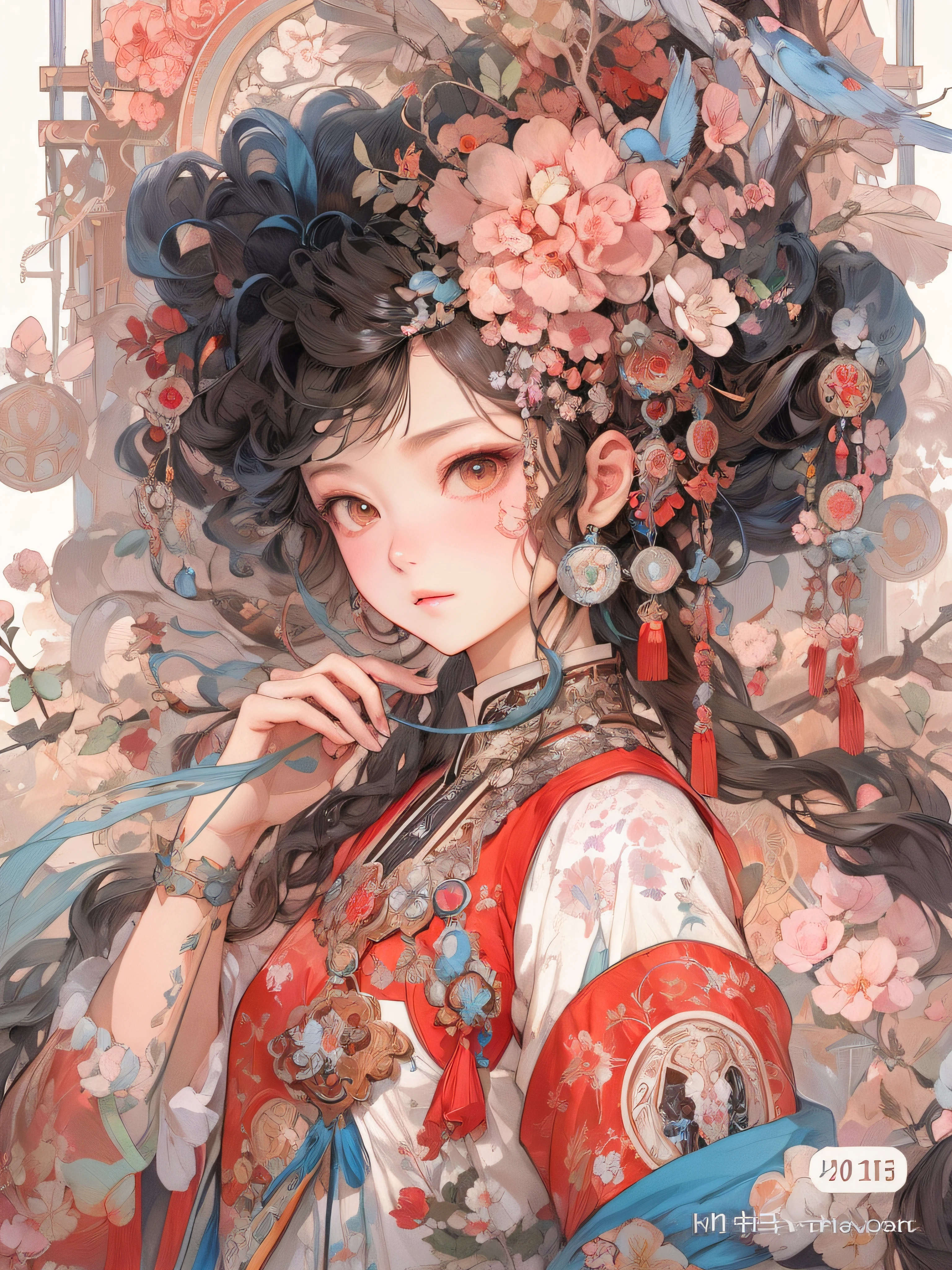 Anime girl with long hair and bluebird in the tree, A beautiful artwork illustration, Exquisite digital illustration, Beautiful digital illustration, Palace , A girl in Hanfu, by Yang J, Guviz-style artwork, Beautiful digital artwork, Beautiful character painting, Beautiful anime artwork, Digital anime illustration, Alphonse mucha and rossdraws, Detailed digital anime art