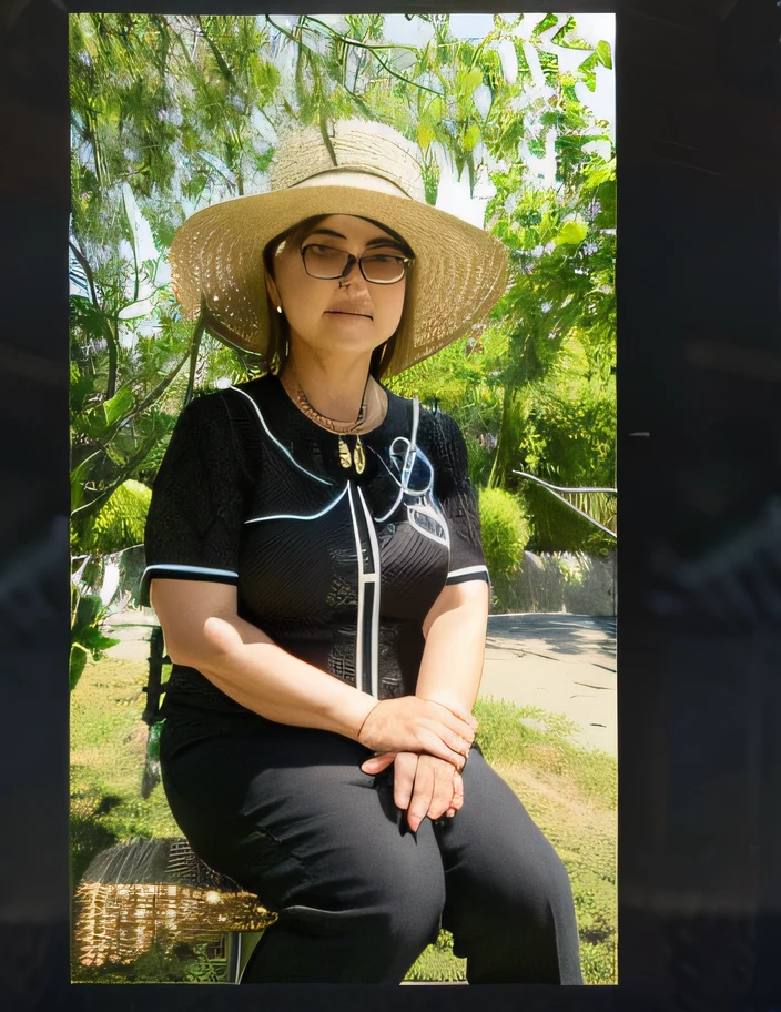 There was a woman sitting on a bench wearing a straw hat