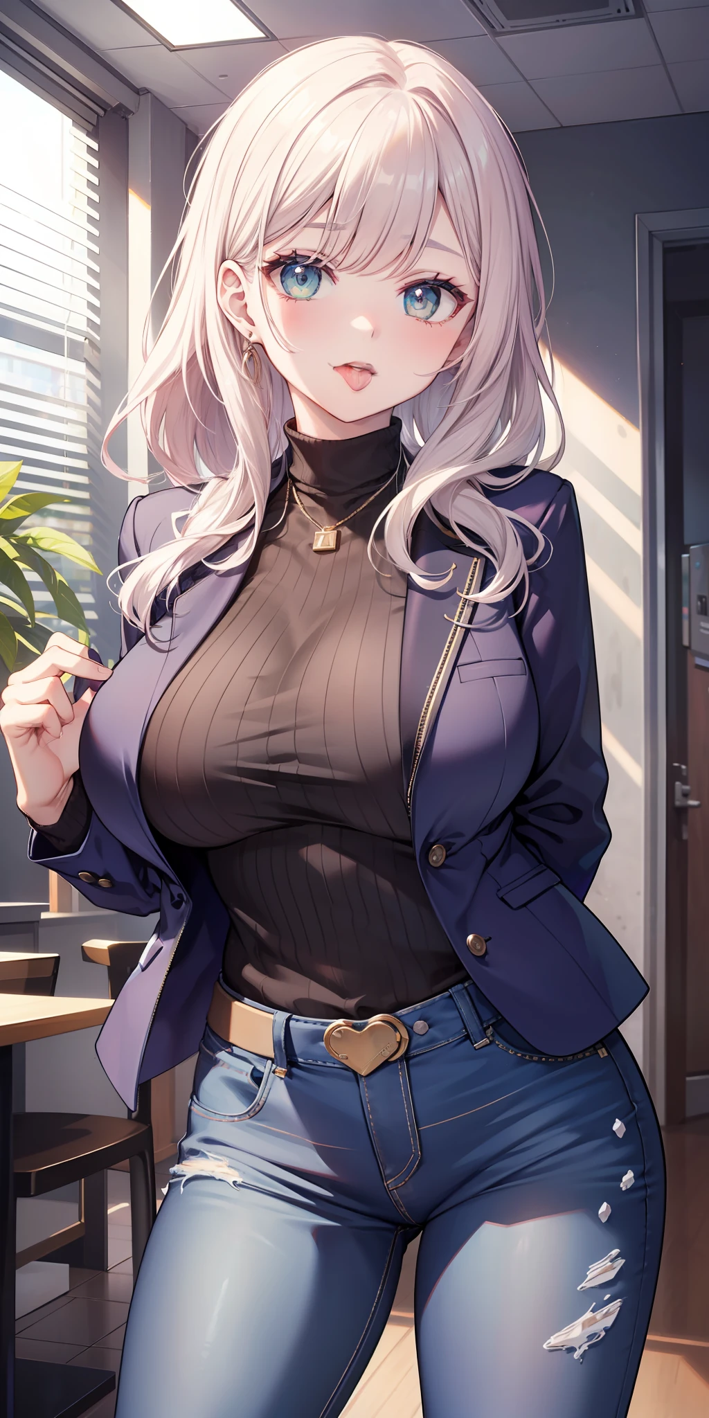 ((best quality)), ((master part)), (robusto), estilo anime, melhor qualidade 1girl, retrato, ultra detalhado, cara bonita, anatomia perfeita, sozinho, pale skin, cabelo verde rosa, cabelo perfeito, franja, ((Olhos fechados)), Tongue out, Tongue out, (😝), camisa, suit jacket, jeans, Arms, Hands on boobs, pernas grossas, coxa grande, possession, fundo azul, Fortnite,
information