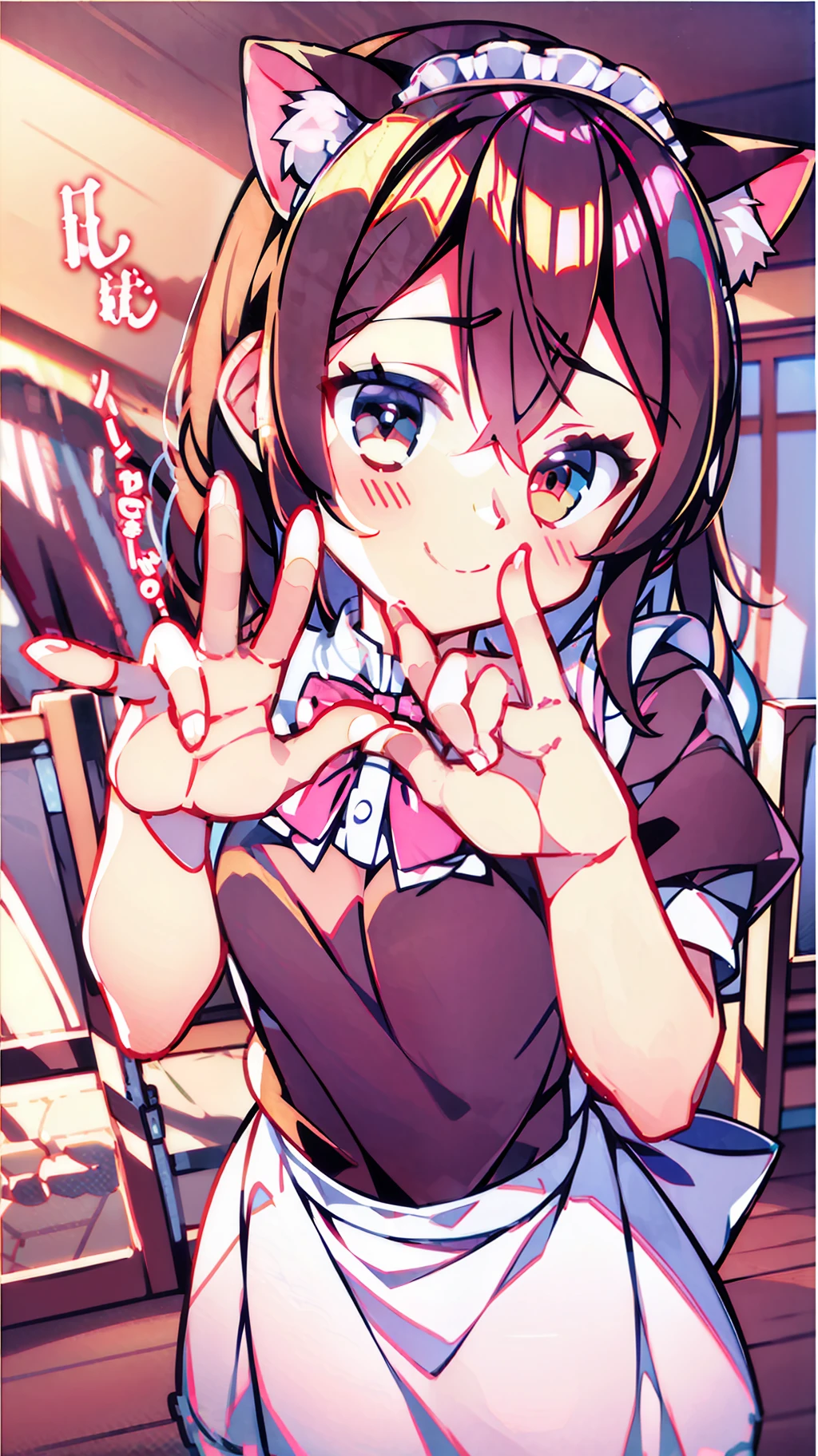 A childhood friend with cat ears who invades the house as a matter of course is wearing a maid outfit。Greeting Pose、Transcendent cute、Ultra high quality、Ultra High Resolution、Four fingers neatly arranged according to anatomy and a short thumb、honeycomb