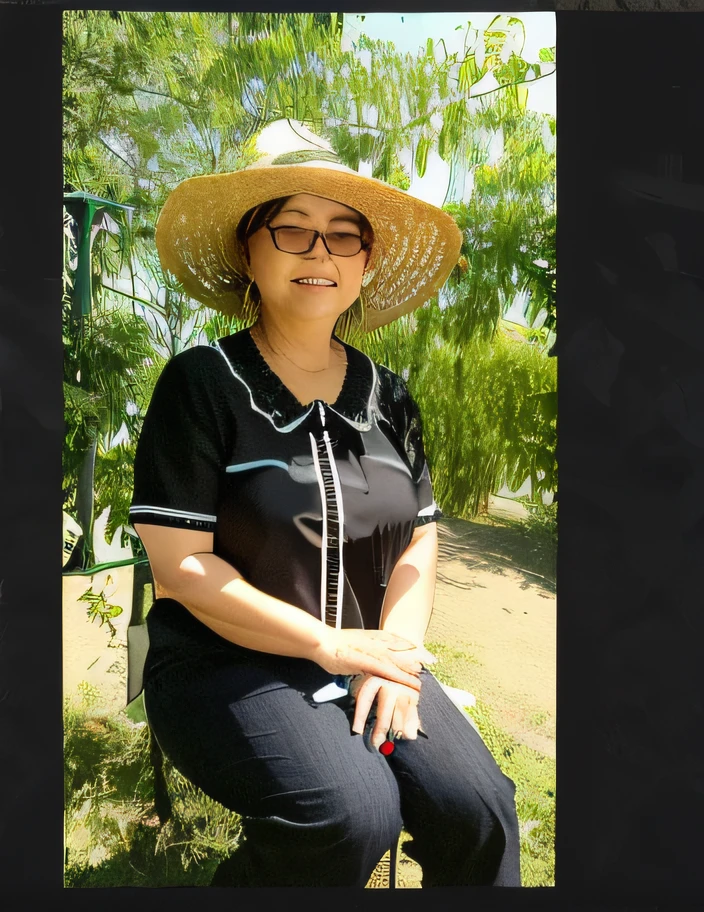There was a woman sitting on a bench wearing a straw hat