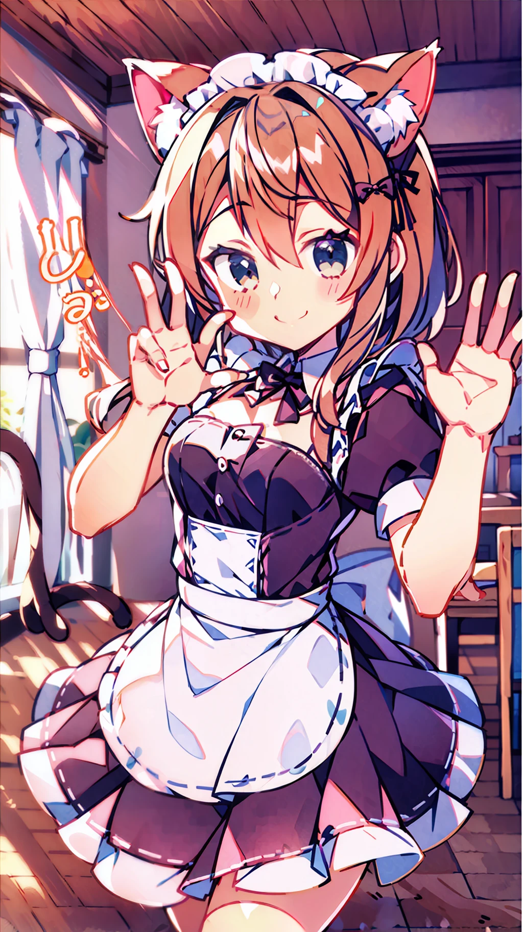 A childhood friend with cat ears who invades the house as a matter of course is wearing a maid outfit。Greeting Pose、Transcendent cute、Ultra high quality、Ultra High Resolution、Four fingers neatly arranged according to anatomy and a short thumb、honeycomb