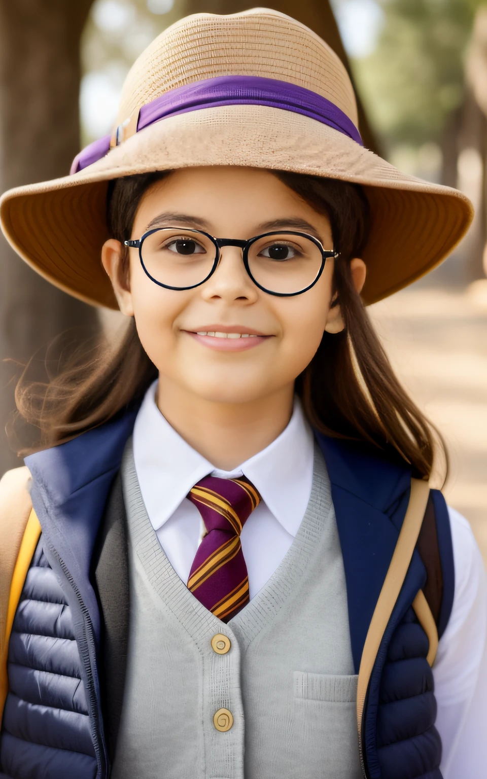 Arafed boy wearing a hat and glasses and a vest, girl with glasses, magical school student uniform, girl wearing round glasses, with navigator shaped glasses, with square glasses, She wears Harry Potter glasses, inspirado em Violet Fuller, menina vestindo o uniforme, caracter with brown hat, assunto completo mostrado na foto, em vidros de aro quadrado, menina da escola