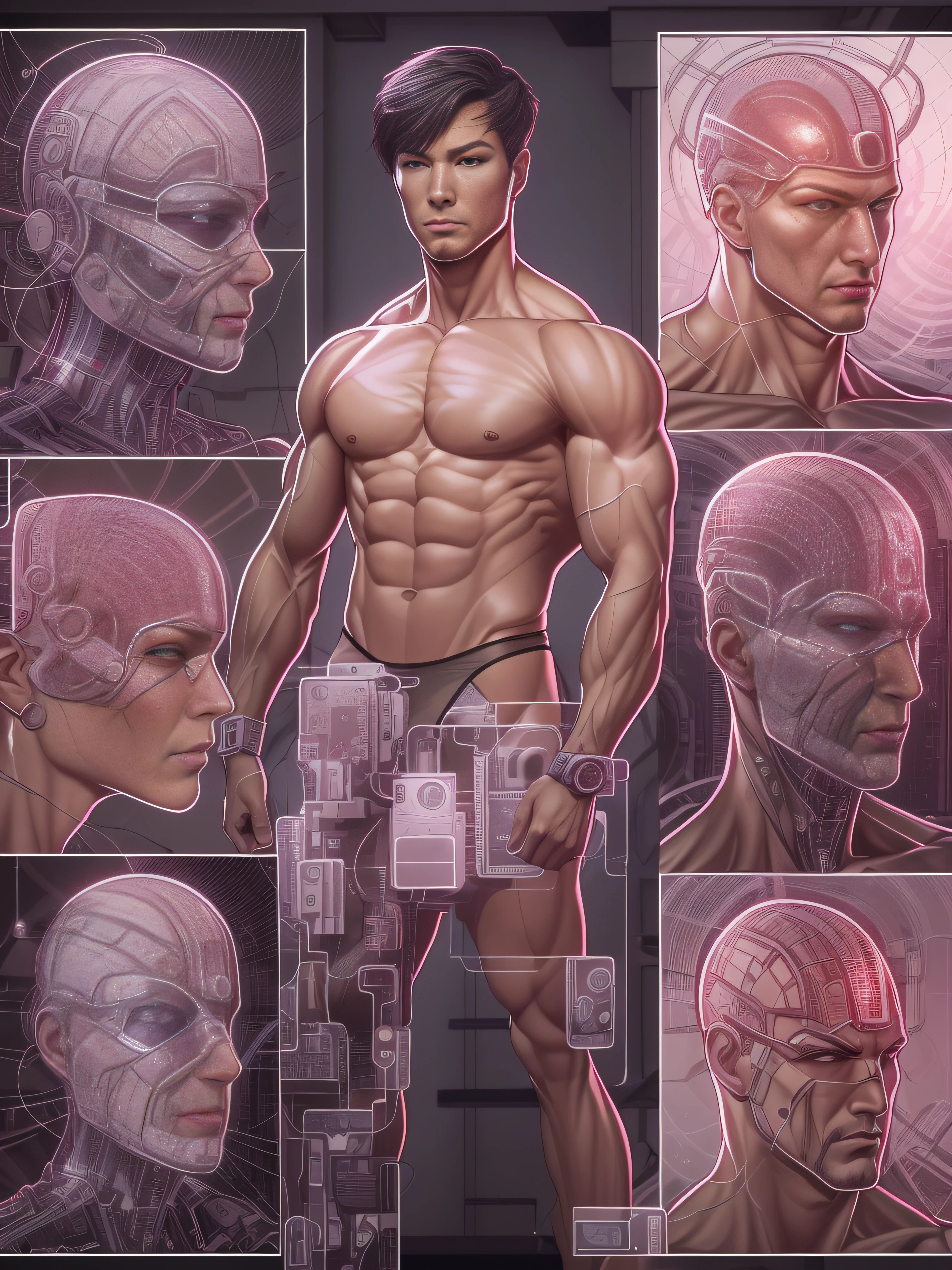 (The art of leading technology,1.4),Technology and the future,Ahead of the curve,(Electronic systems: overhead humanoid robots,Naked muscular masculinity:1.2),(tmasterpiece,best qualityer,Official fine art, Aesthetics:1.2),(Hyper-detailing),((see-through thong:1.2))((Biopunk,Cyborg man:1.1))((various old tvs in the background:1.1))finely detailled,Most Best Illustration,hand-drawn high quality,(scybernetic,hight contrast),(Have a detailed brain that you can see:1.3),(Artistically),(Complex lines),Clear lines,s fractal art,(nakeness,Muscular macho,full-body portraits,see-through thong,Extreme closeup:1.1),(Muscular macho,Skin tone transparent tweezers:1.1)(,With a delicate heart that can be seen:1.1),The perfect facial features of a supermodel,whole body show(muscles cable wires:1.2),Large scene composition,Perfect pectorals and abs,Extremely provocative and sexy(Add details),(detailedbackground:1.2),(|cyber punk perssonage,core,),A high resolution,extremy detailed((Supermodel face Realistic skin,Ultra-artistic,I only wore a pair of thongs with a clear complexion,The structure of the large with a thick erection inside is faintly visible:1.2))((whole body display,Extreme detail:1.2))(Canon M50|100mm|sharp fokus |Gently|ultra-realistic realism |The is very detailed|intricately details |blood vessel :1.2)