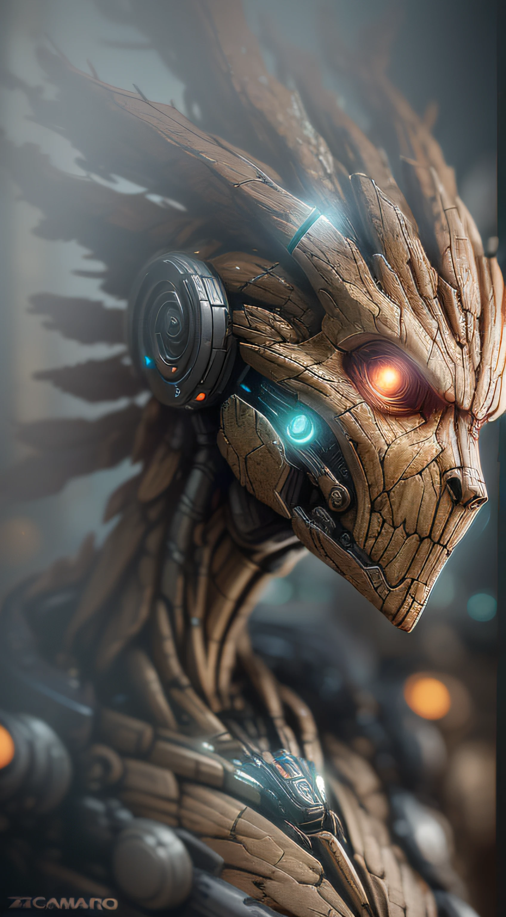Groot from Marvel photography, biomechanical, complex robot, full growth, hyperrealistic, insane small details, extremely clean lines, cyberpunk aesthetic, masterpiece featured on Zbrush Central