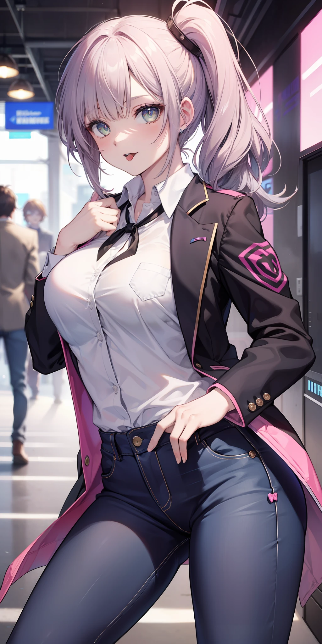 ((best quality)), ((master part)), (robusto), estilo anime, melhor qualidade 1girl, retrato, ultra detalhado, cara bonita, anatomia perfeita, sozinho, pale skin, cabelo verde rosa, cabelo perfeito, franja, ((Olhos fechados)), Tongue out, Tongue out, (😝), camisa, suit jacket, jeans, Arms, Hands on boobs, pernas grossas, coxa grande, possession, fundo azul, Fortnite,
information