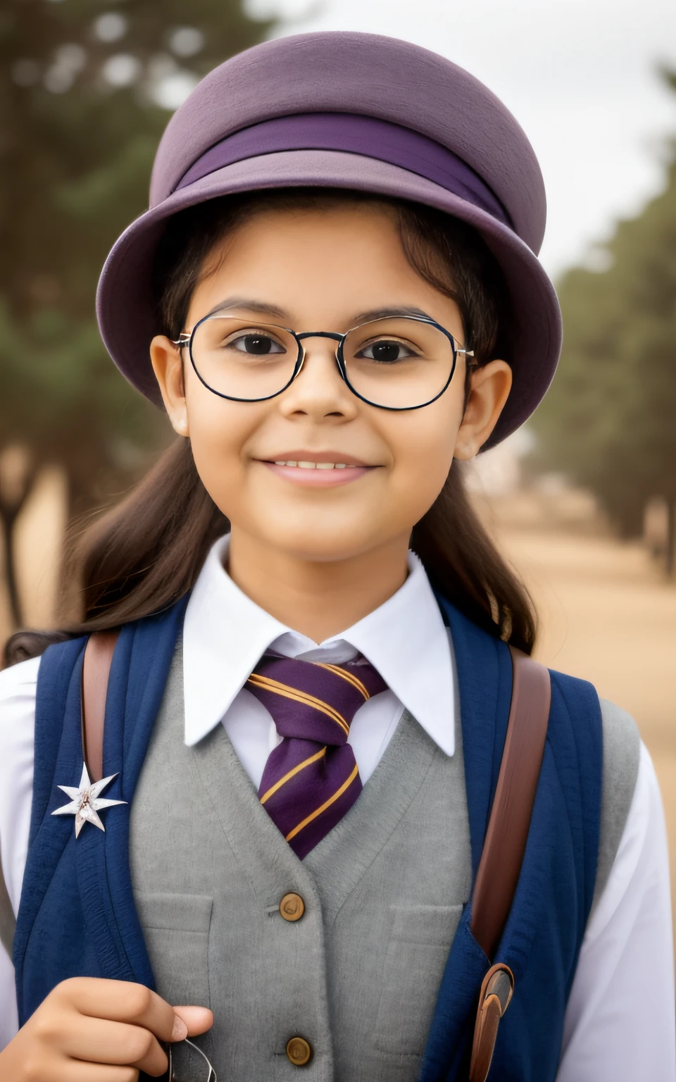 Arafed boy wearing a hat and glasses and a vest, girl with glasses, magical school student uniform, girl wearing round glasses, with navigator shaped glasses, with square glasses, She wears Harry Potter glasses, inspirado em Violet Fuller,  vestindo o uniforme, caracter with brown hat, assunto completo mostrado na foto, em vidros de aro quadrado, meninacola